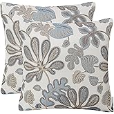Mika Home Set of 2 Jacquard Tropical Leaf Pattern Throw Pillow Covers Decorative Pillowcase 20X20 Inches,Blue Cream