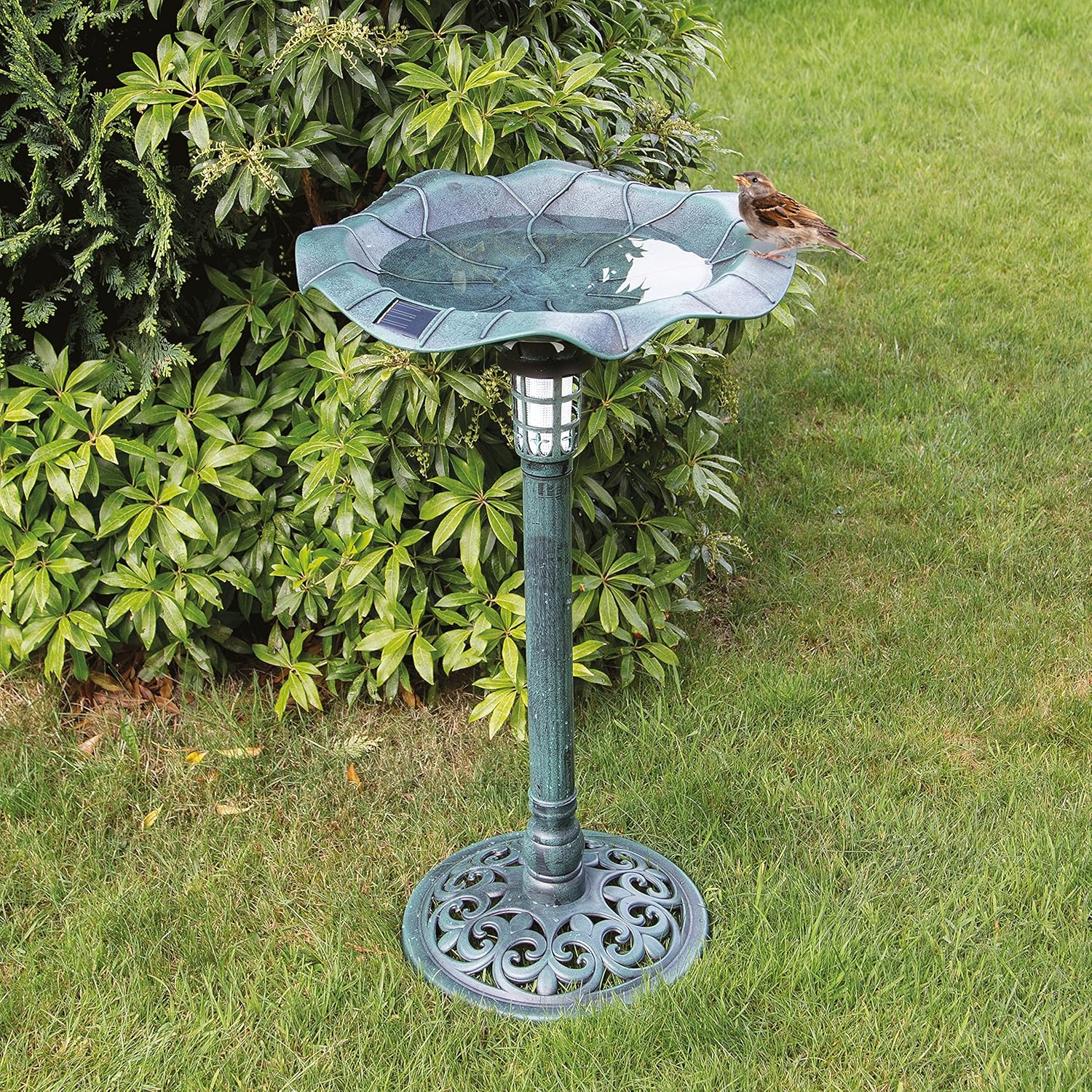 GardenKraft 17430 Solar Lit Bird Bath with Metal Effect, Green