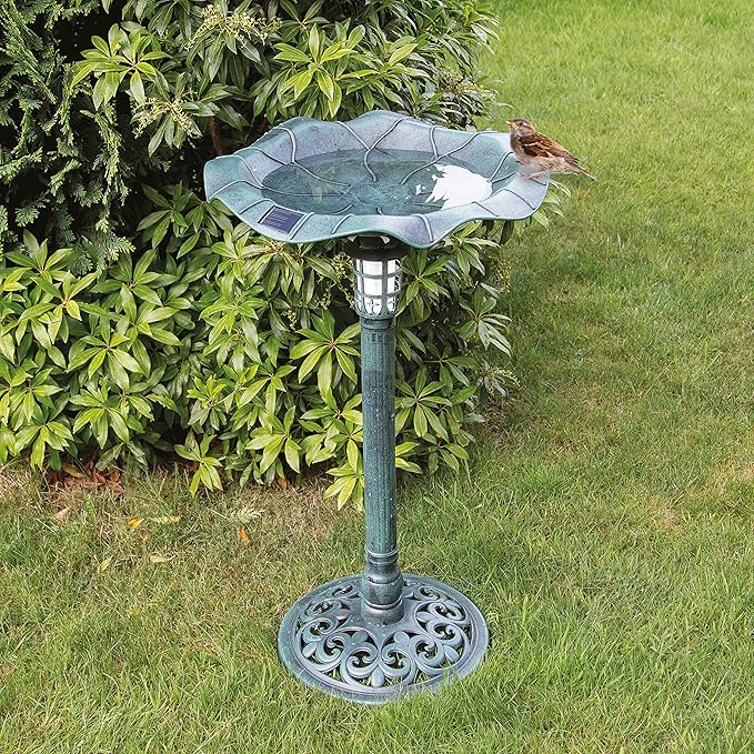 GardenKraft 17430 Solar Lit Bird Bath with Metal Effect, Green