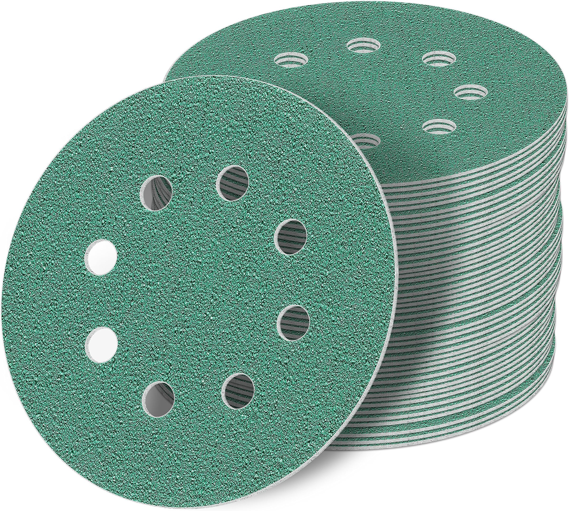 Green Random Orbit Sanding Discs 125 mm Selection Set 50 Discs P2000 P1500 P1200 P1000 P800, 8 Hole Hook & Loop Sanding Discs