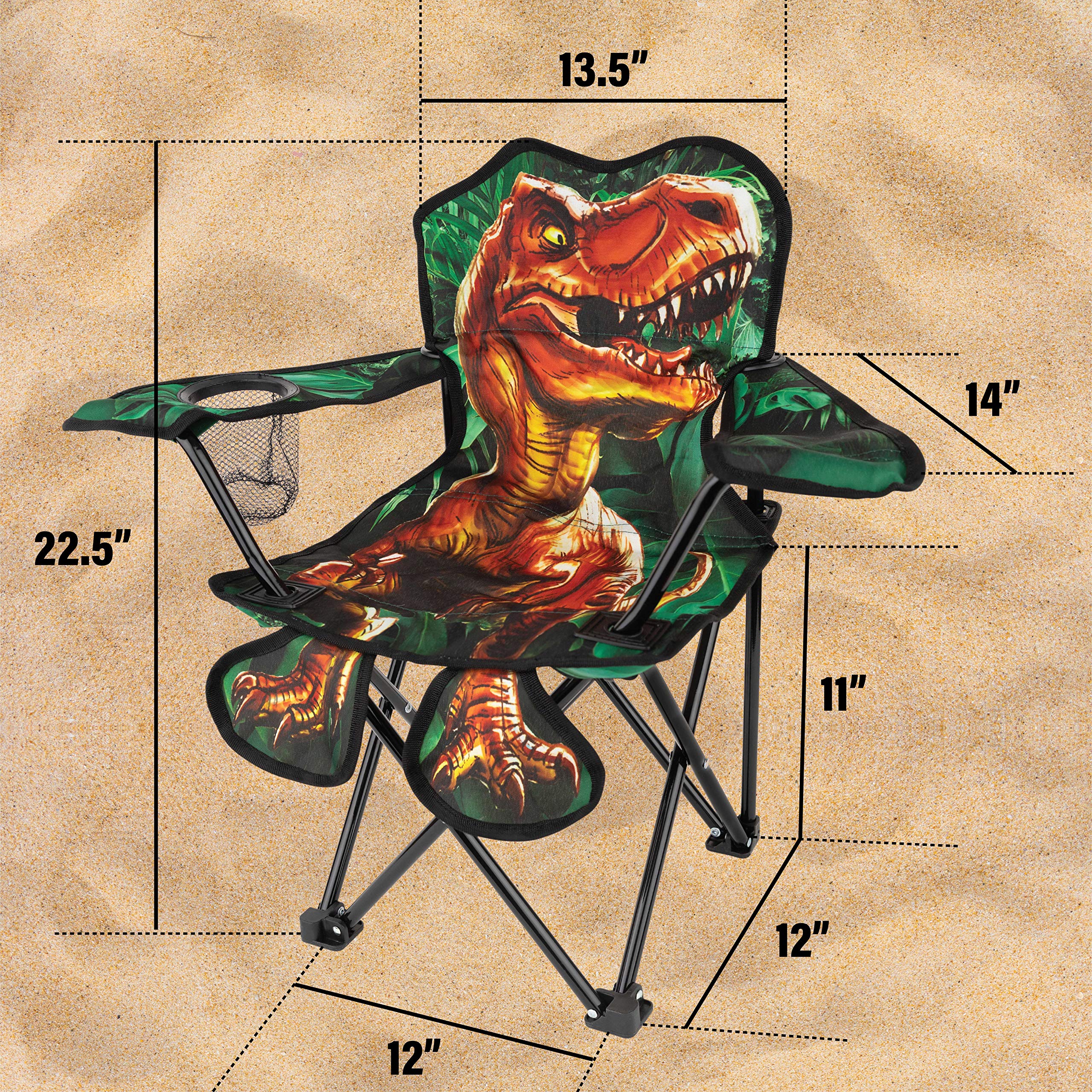 Toy To Enjoy Outdoor Dinosaur Kids Camping Chair – Foldable Children’s Chair for Camping, Tailgates, Beach, – Carrying Bag Included Mesh Cup Holder & Sturdy Construction. Ages 2 to 5 (Patent Pending)