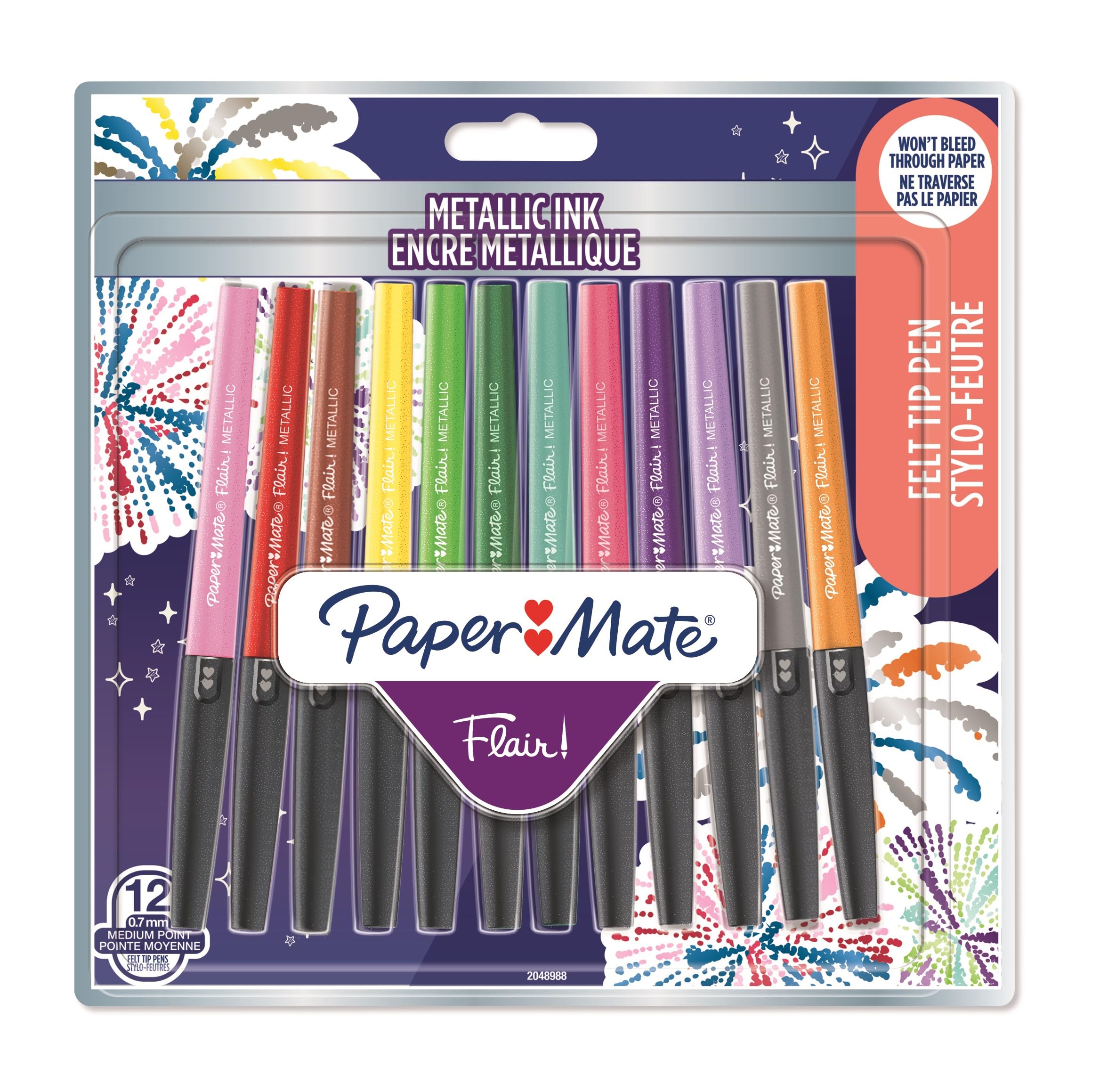 Paper Mate Flair Metallic Glitter Felt Tip Pens | Medium Point 1.0mm | Pack of 12 | Assorted Glittery Shiny Colours