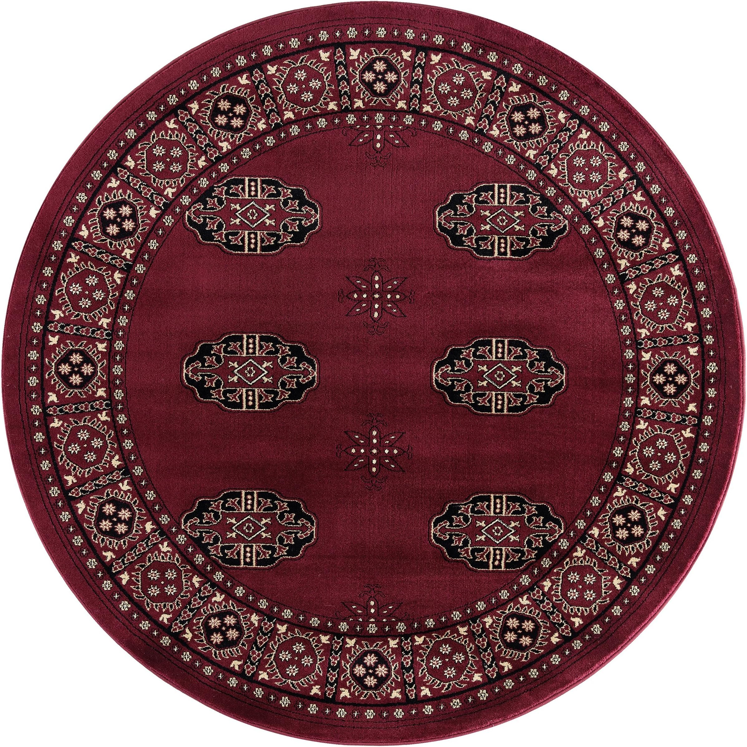 GAD Great American Distributors 5' Round Red Black Classic Bokhara Area Rug with Geometric Pattern
