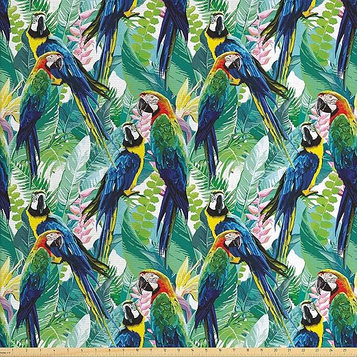 Amazon.com: Ambesonne Parrots Fabric by The Yard, Colorful Parrots Tropic Flowers Warm Weather ...