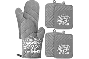 GROBRO7 6Pcs Cotton Oven Mitts and Pot Holders Set Happiness is Homemade Heat Resistant Hot Pad Machine Washable Microwave Gloves with Hanging Loop Pocket Potholder for Kitchen Baking Cooking Grilling