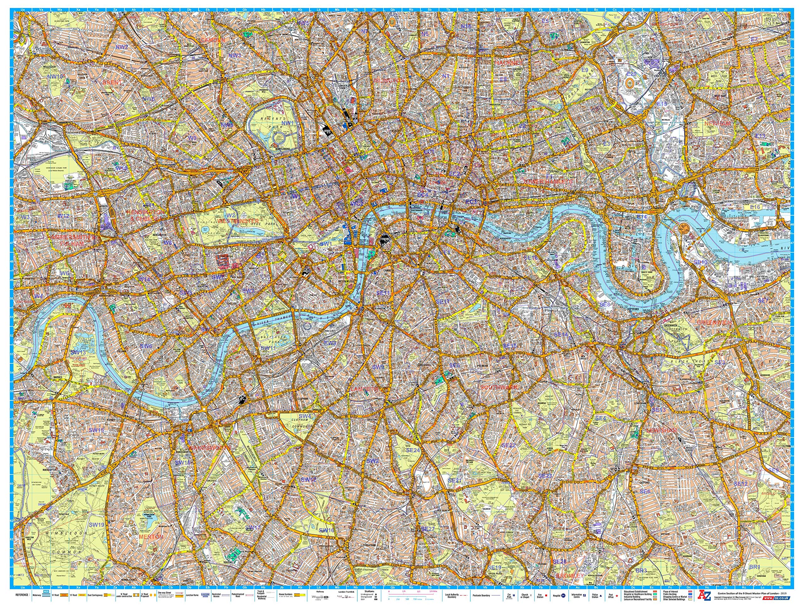 A-Z London Master Plan - Centre - 40" x 30.25" Matte Plastic Wall Map