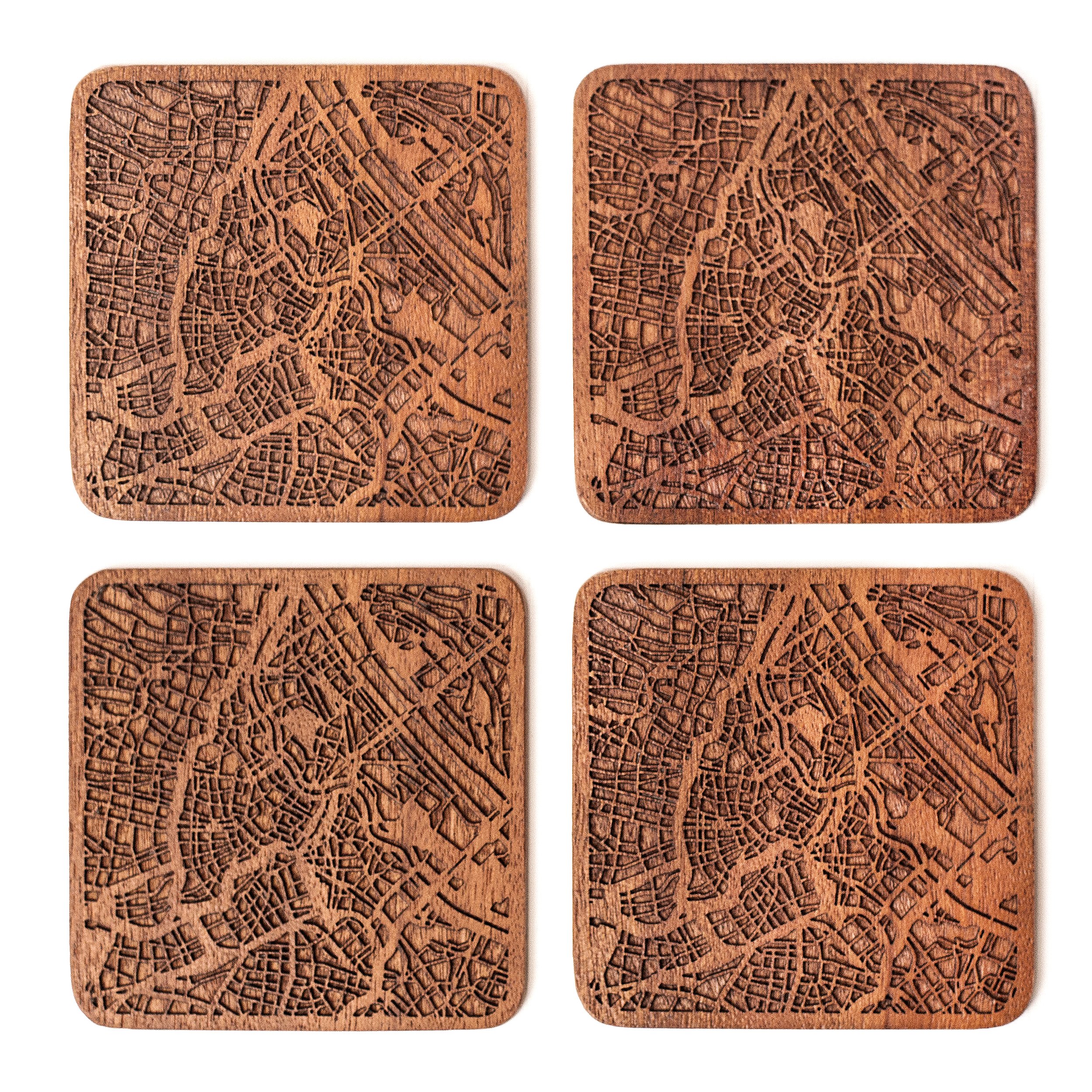 Vienna Map Coaster, Set of 4, Sapele Wooden Coaster with City Map, Handmade
