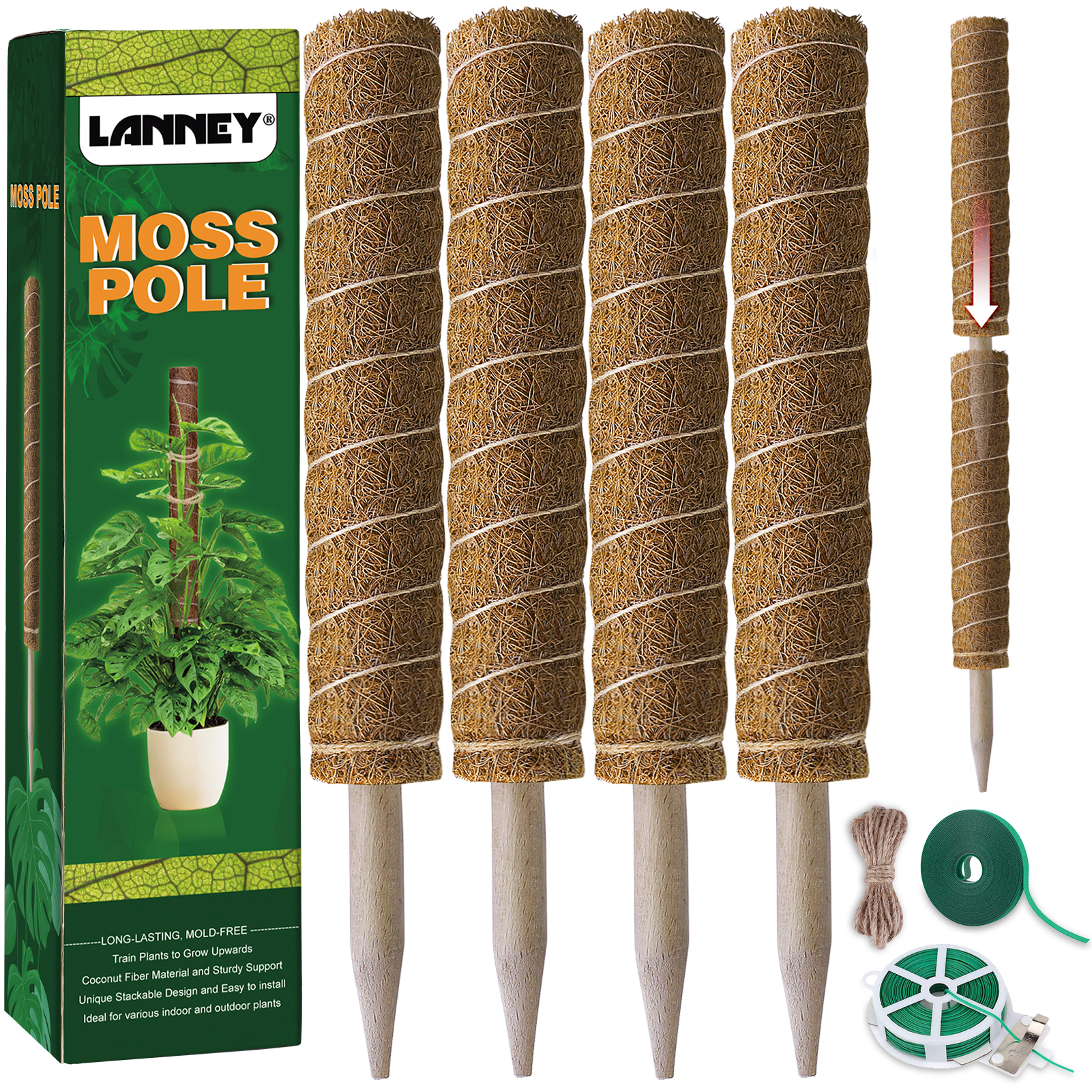 LANNEY Moss Pole 47.5 Inch 120cm, 4 Pack Moss Poles for Climbing Plants, Monstera Coir Totem Pole, 40.5cm Indoor Moss Sticks for Plant Support Creepers Philodendron to Grow Upwards, with Garden Ties