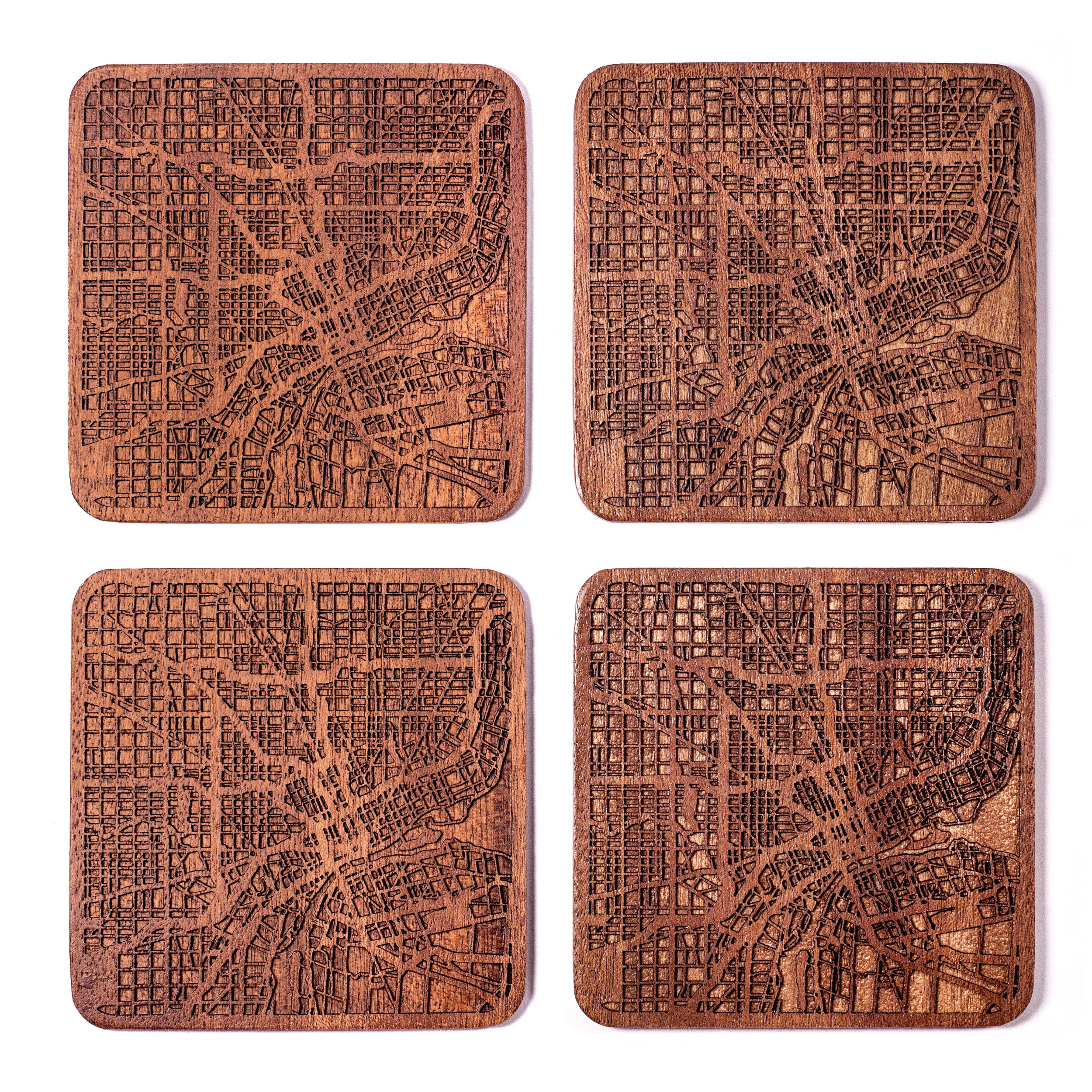 Detroit Map Coaster, Set of 4, Sapele Wooden Coaster with City Map, Handmade