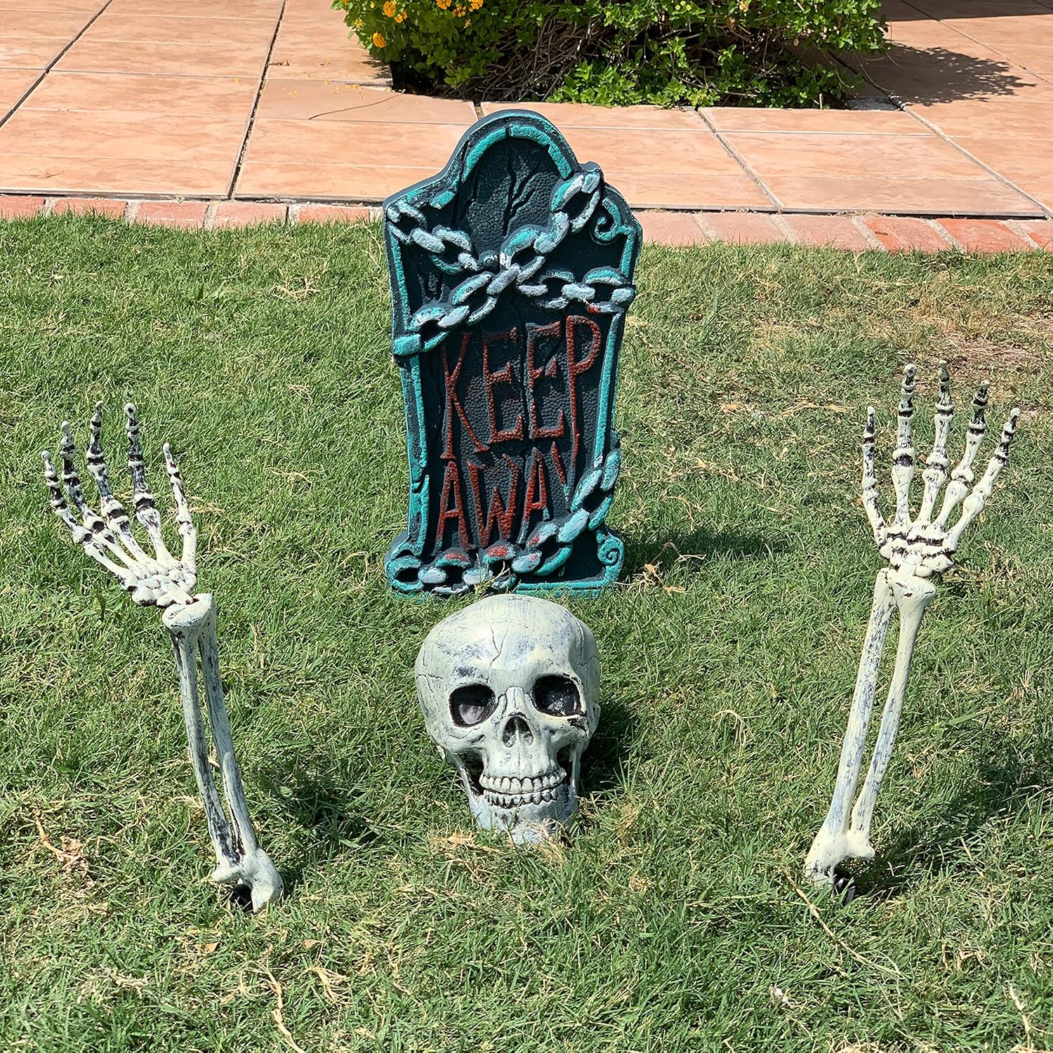 Halloween Skeleton Stakes with 17” Graveyard Tombstone Set Headstone Decorations & Ground breaker Set for Best Halloween Yard Decorations Outdoor: Garden & Outdoor