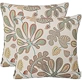 Mika Home Set of 2 Jacquard Tropical Leaf Pattern Throw Pillow Covers Decorative Pillowcase 20X20 Inches,Teal Cream