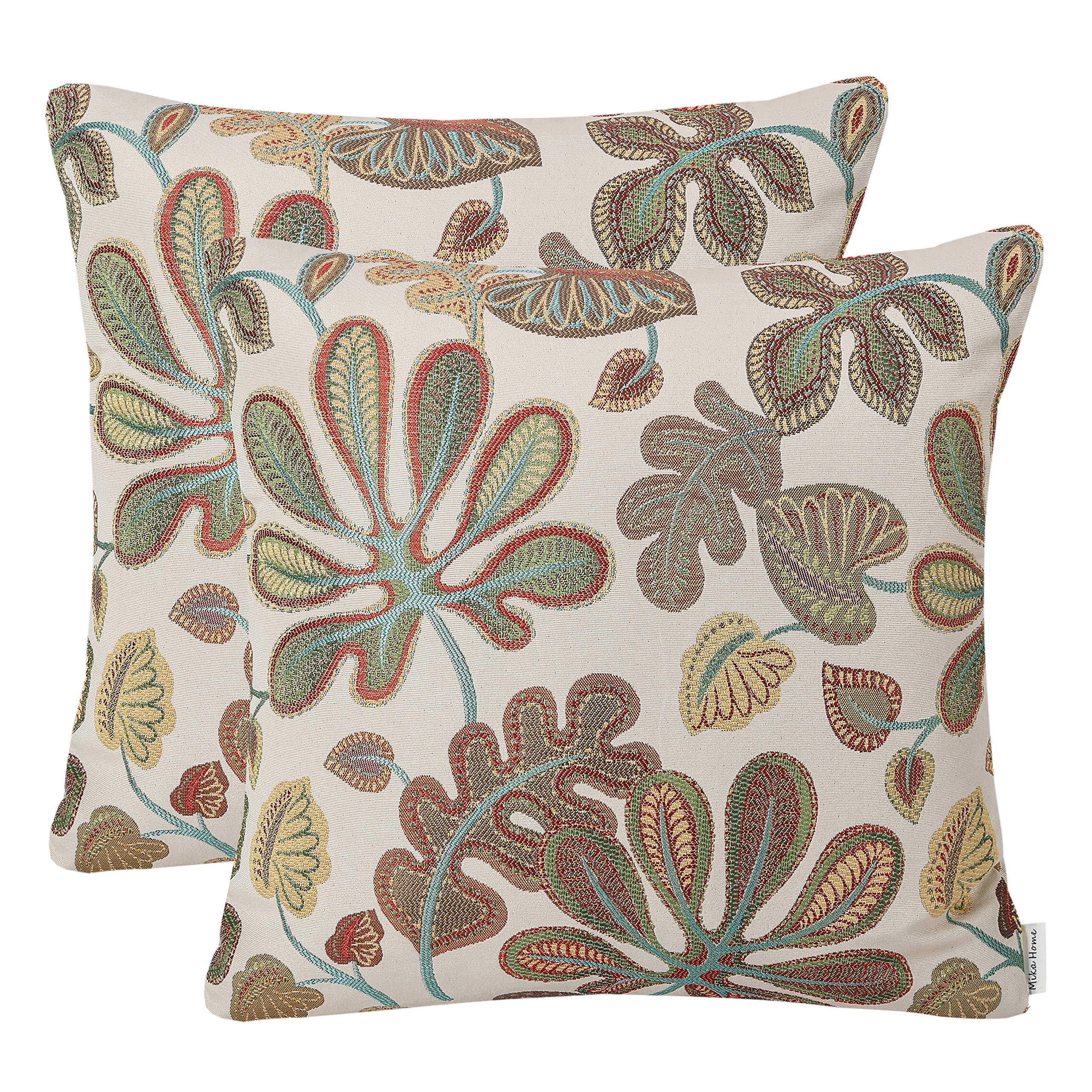 Photo 1 of Mika Home Set of 2 Jacquard Tropical Leaf Pattern Throw Pillow Covers Decorative Pillowcase 20X20 Inches,Teal Cream