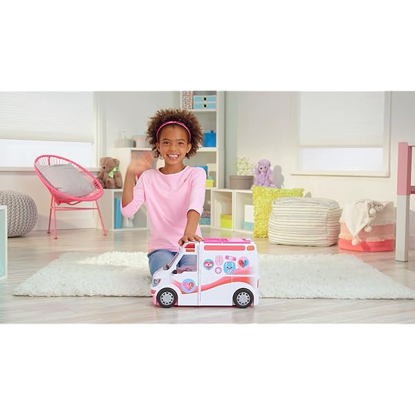 Barbie Krankenwagen, 2-in 1 inkl. aufklappbarem Krankenhaus-Spielset mit Licht und Geräuschen, 20x Barbie Zubehör wie Arztkoffer und Krücken, Spielzeug ab 3 Jahren, FRM19 – Bild 8