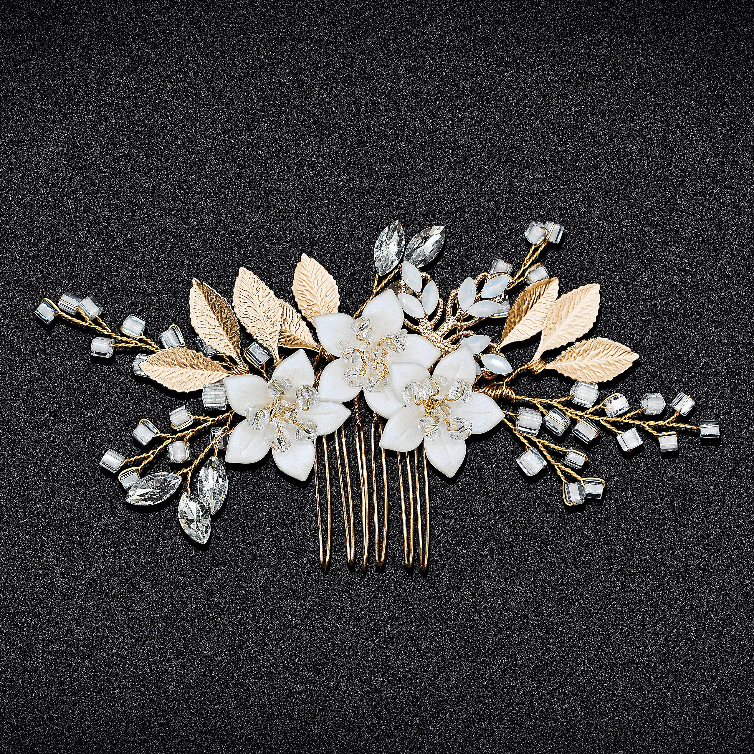 Wedding Hair Accessories, Fanvoes Hair Pieces Comb for Brides Bridal - Gold Headpiece Jewelry Decorations w/Rhinestone Crystal Flower Rose Gold Leaf for Mother of Bride Bridesmaid Women Flower