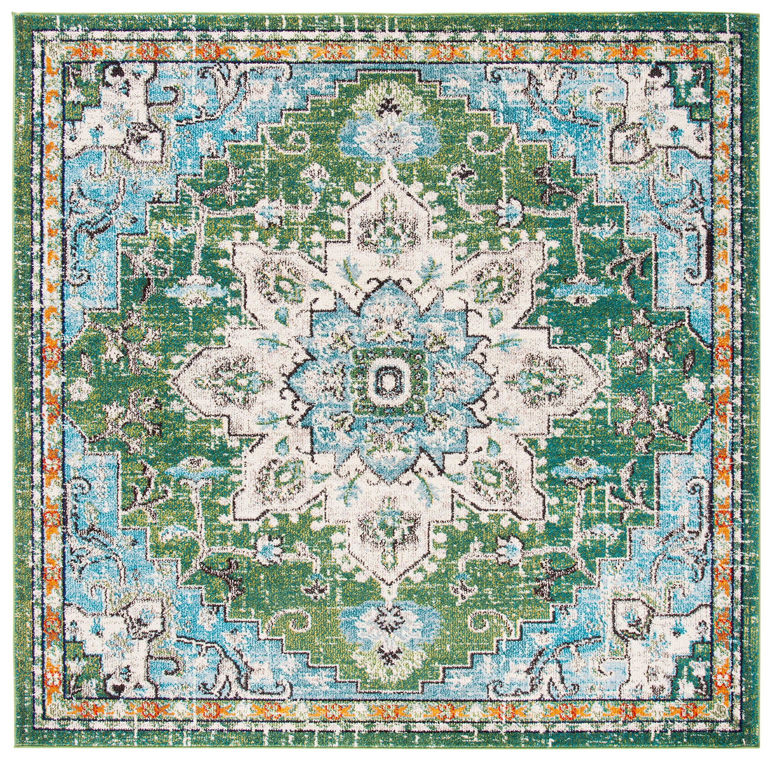 SAFAVIEH Madison Collection Area Rug - 12' Square, Green & Turquoise, Boho Chic Medallion Distressed Design, Non-Shedding & Easy Care, Ideal for High Traffic Areas in Living Room, Bedroom (MAD473Y) Image