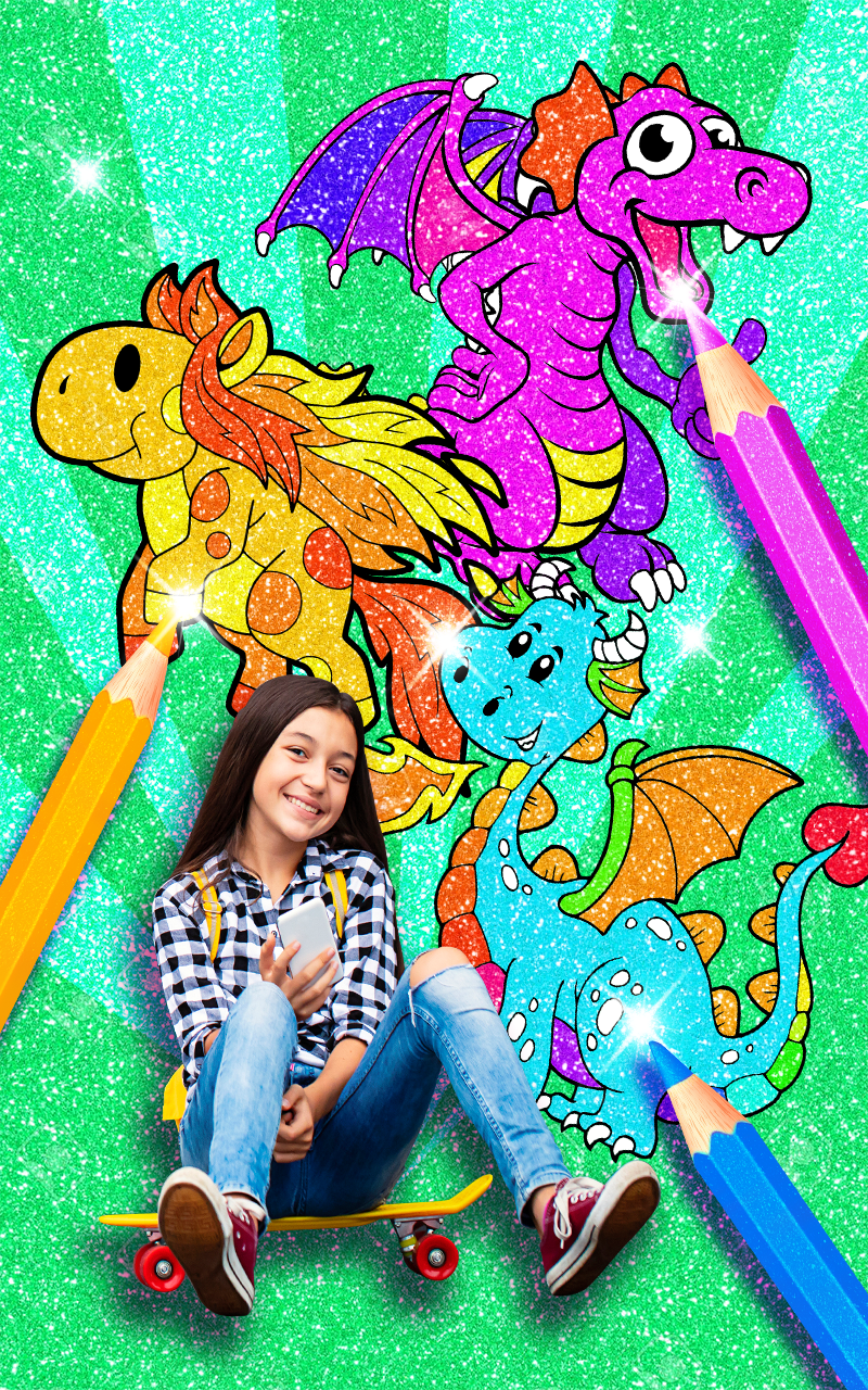 Rainbow Glitter Coloring Book Dragons - Fairytale & Fantasy Art Coloring Pages