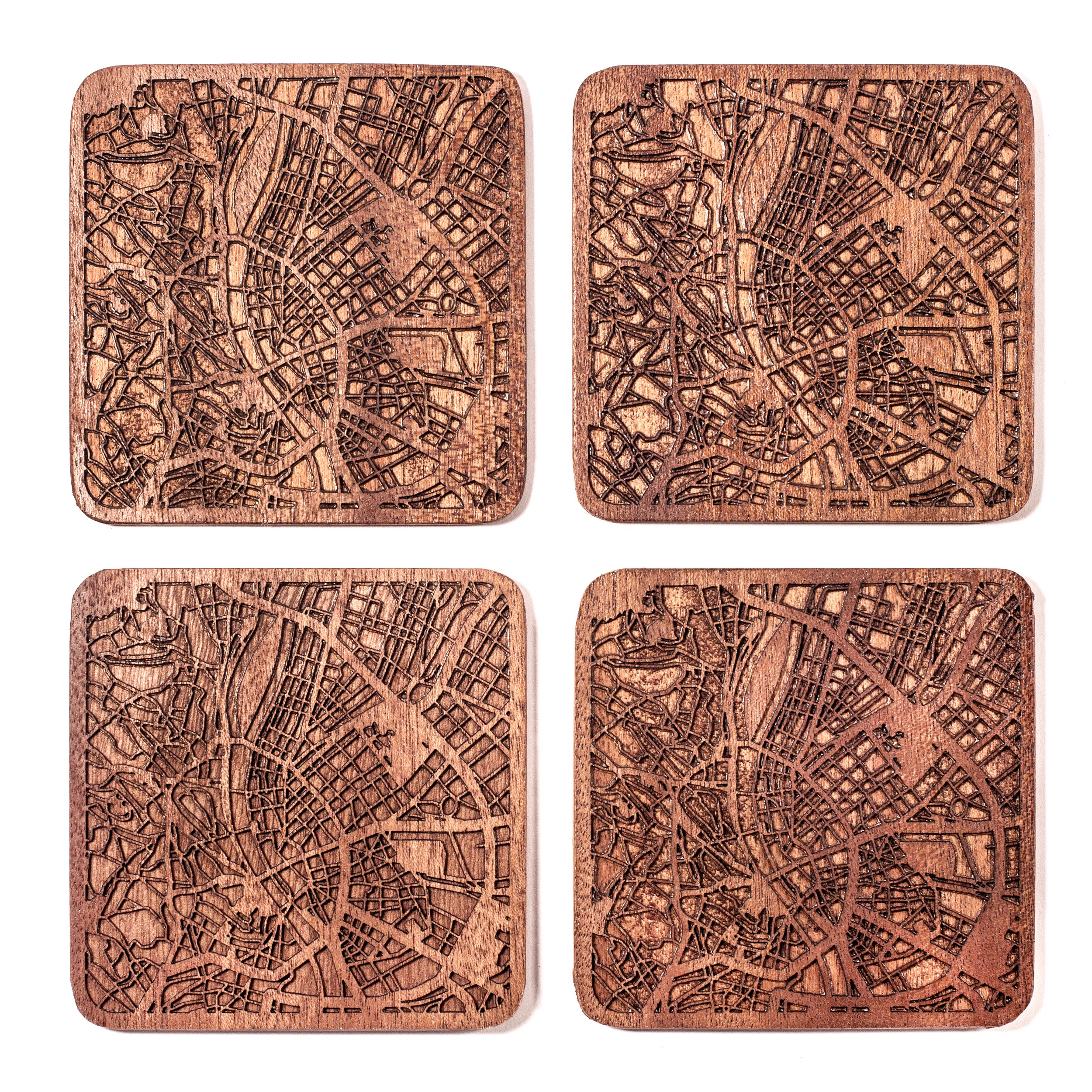 Budapest Map Coaster, Set of 4, Sapele Wooden Coaster with City Map, Handmade