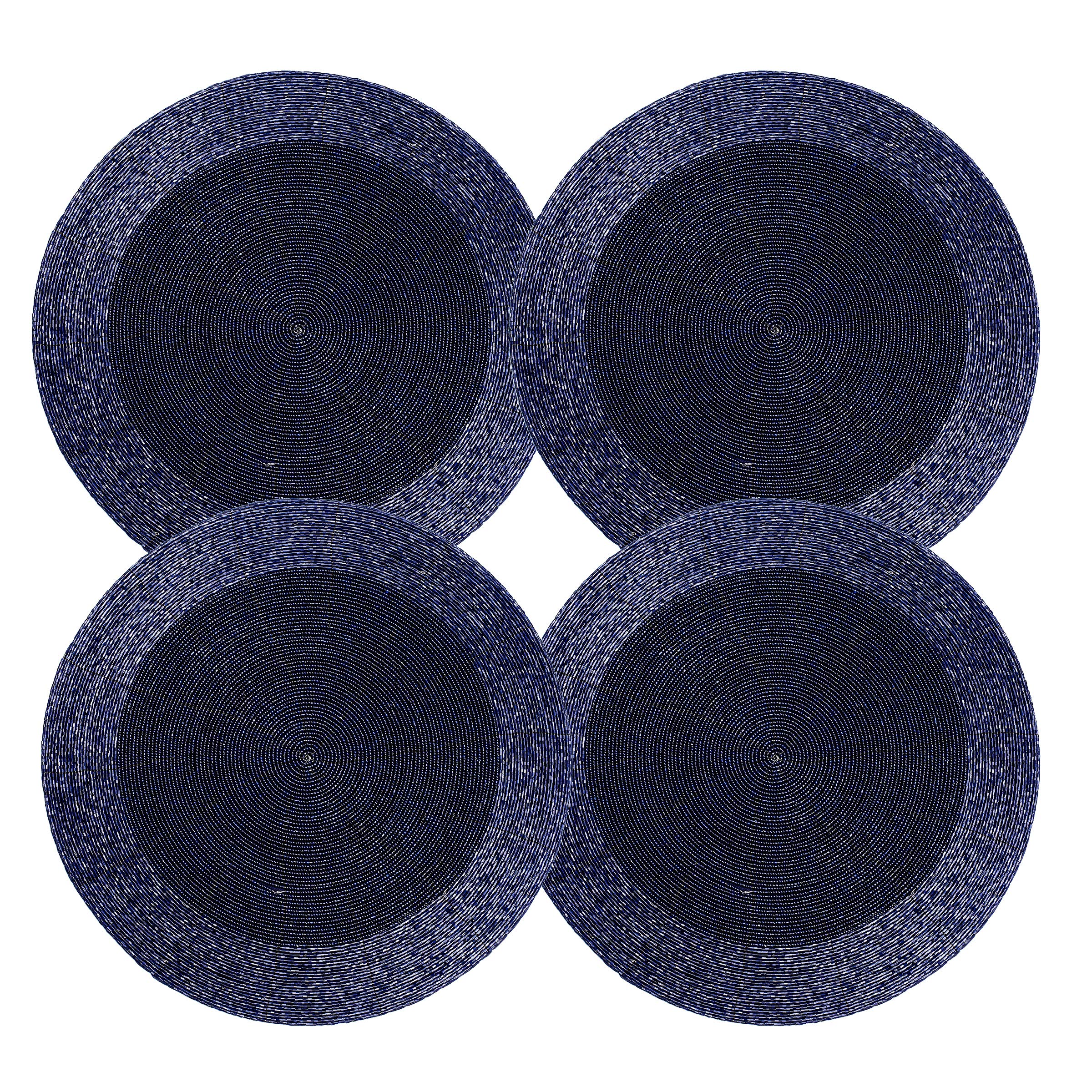 Farmhouse Beaded Placemat 4 Pack - Round Hand-Made Charger by Skilled Artisans - Beautiful Complement to Dinner Table Décor - Navy - 13 Inch (32 CM) Round