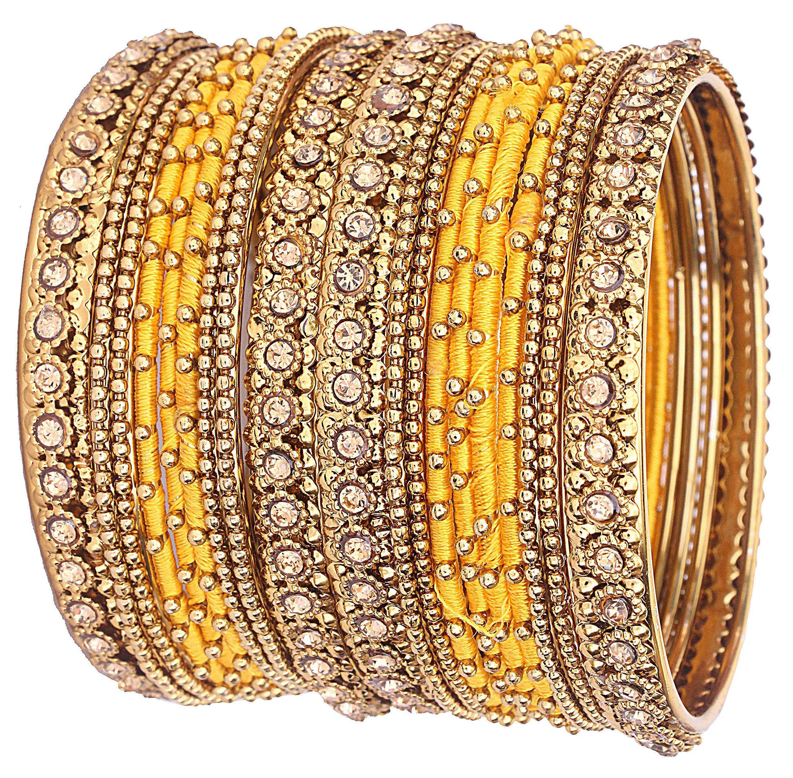 NMII Metal with Golden Zircon Gemstone & Silk Thread Studded worked Ball Chain Linked Stylish Bangle Set For Women and Girls