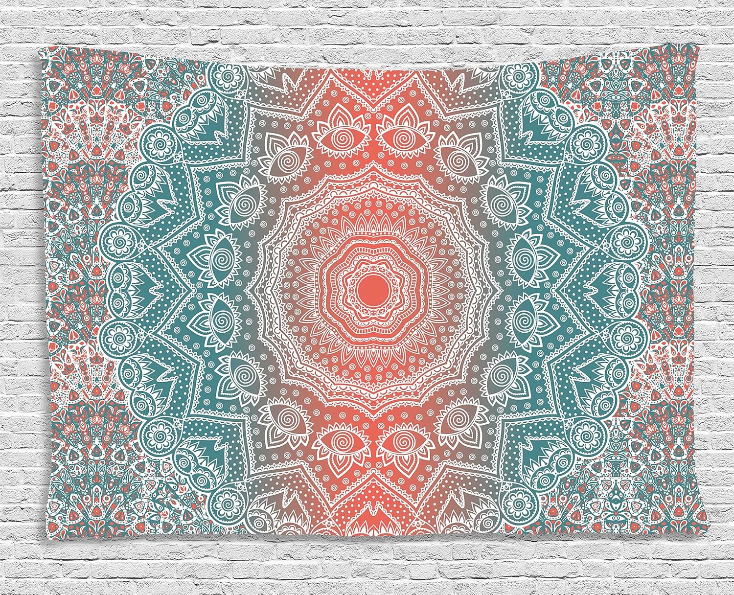Ambesonne Coral And Teal Tapestry Modern Tribal Mandala Tibetan Healing Motif With Floral Geometric Ombre Art Wide Wall Hanging For Bedroom Living