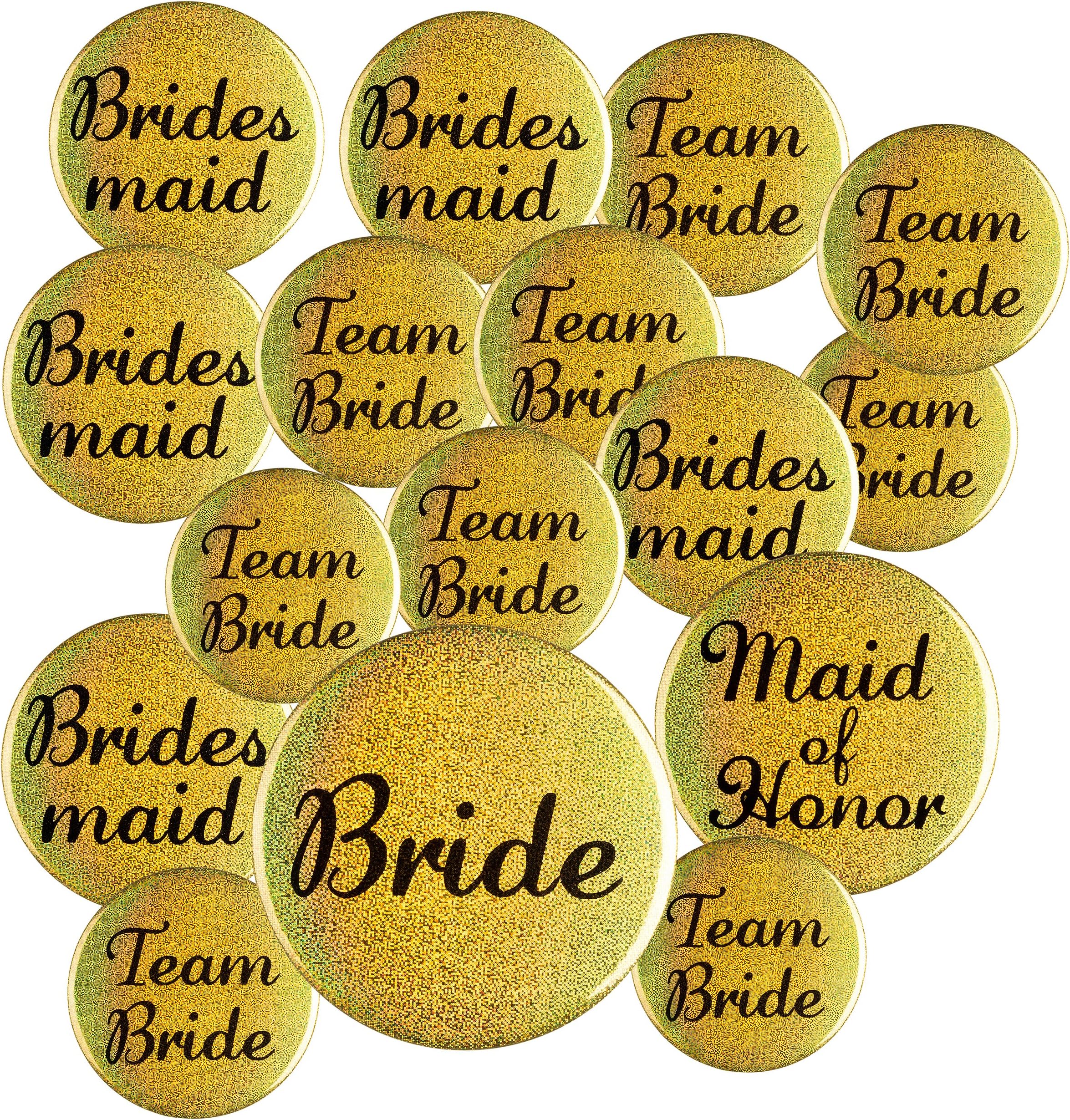 Stratr 16 Bachelorette Buttons - Sparkling Gold Glitter Pins for Bridal Party & Shower - Badges Include Team Bride, Bride, Maid of Honor & Bridesmaid - Supplies Kit for Hen Parties or Girls Night Out