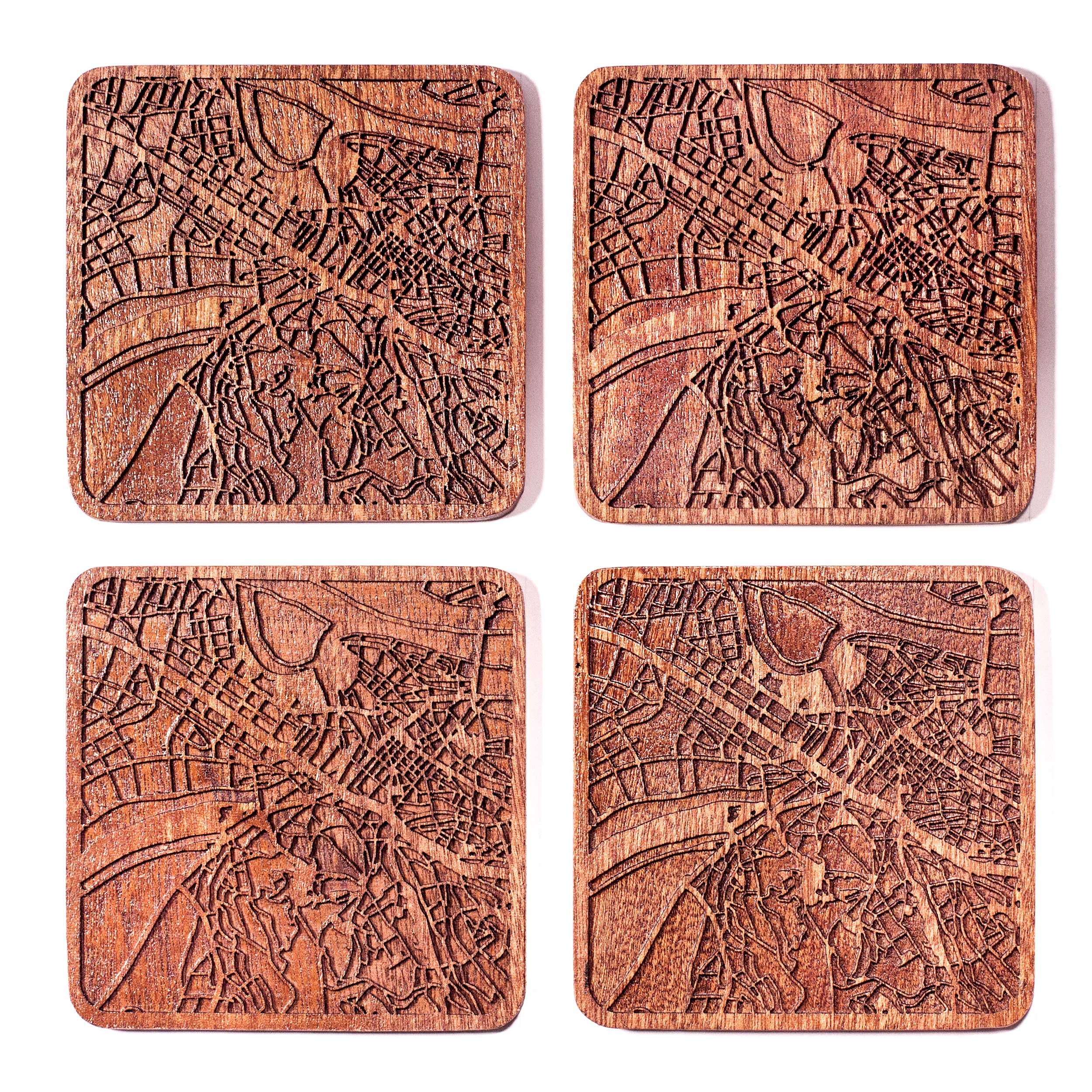 Belgrade Map Coaster, Set of 4, Sapele Wooden Coaster with City Map, Handmade