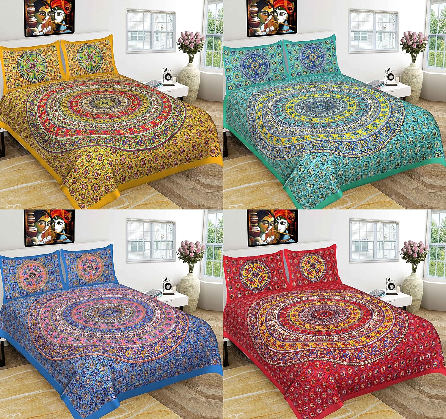 RHF 100 Cotton Rajasthani Jaipuri King Size bedsheets Combo Double Bed