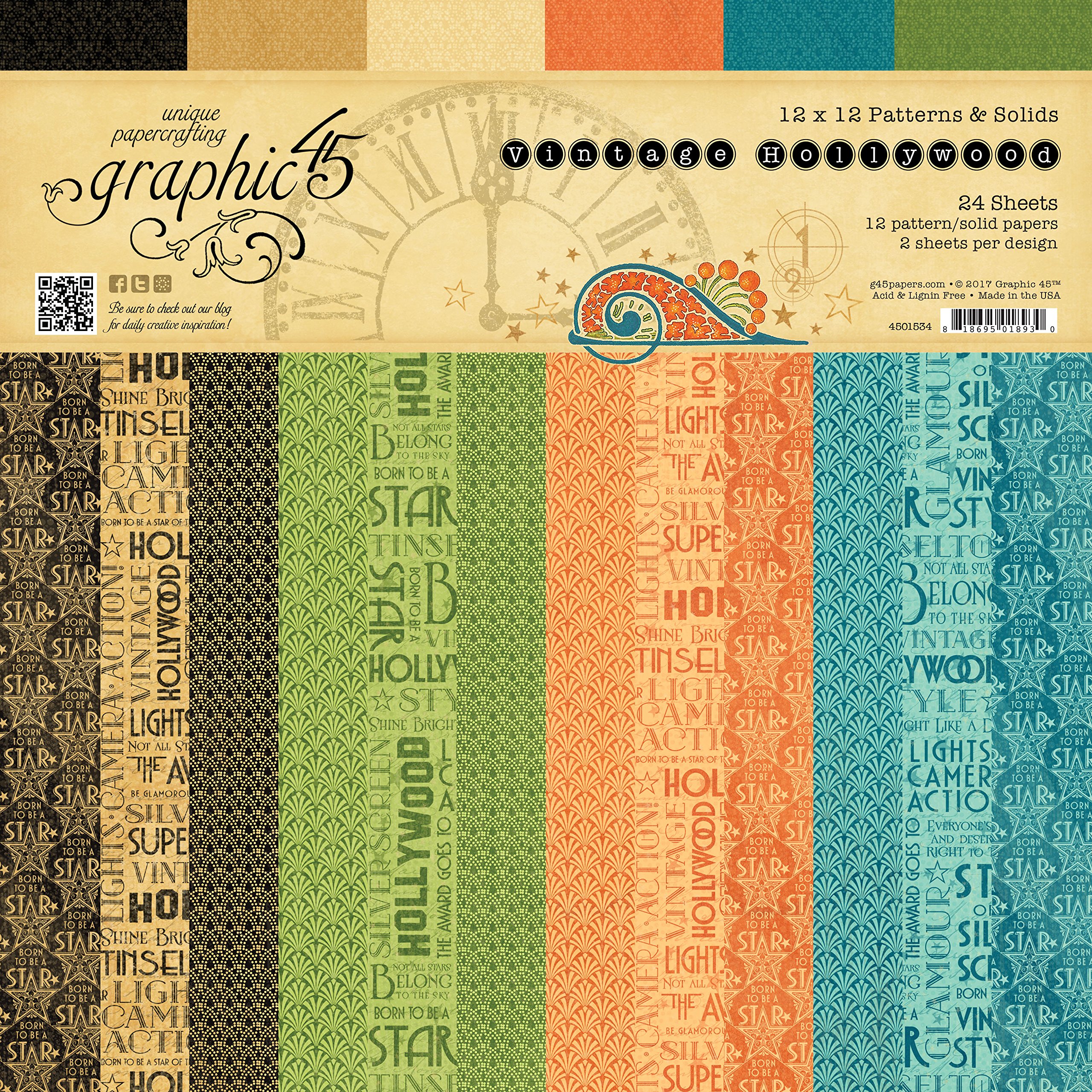 Graphic 45 Vintage Hollywood 12x12 Patterns & Solids Paper Pad, Multi-Colour, 31.6 x 30.5 x 0.6 cm