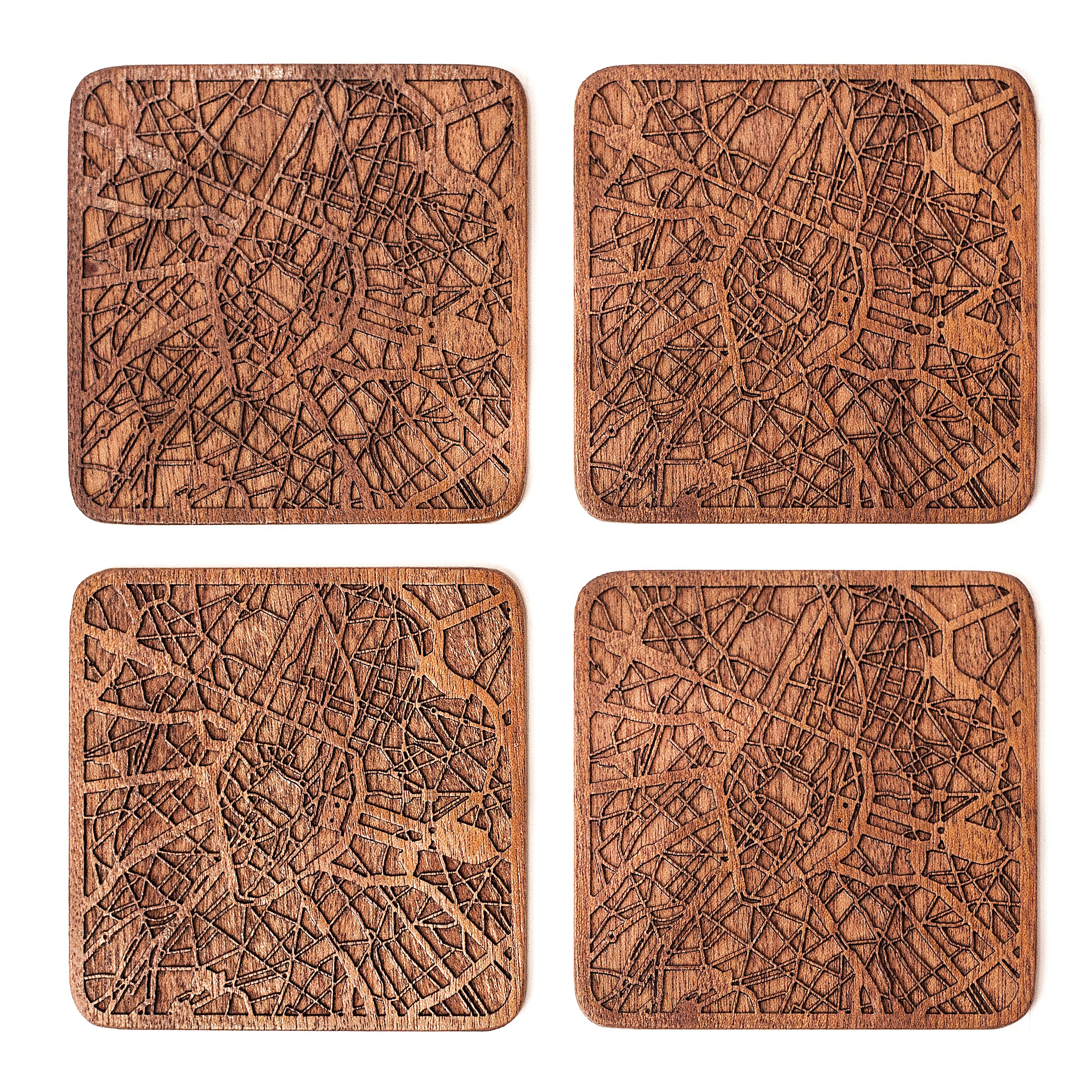 Brussels Map Coaster, Set of 4, Sapele Wooden Coaster with City Map, Handmade