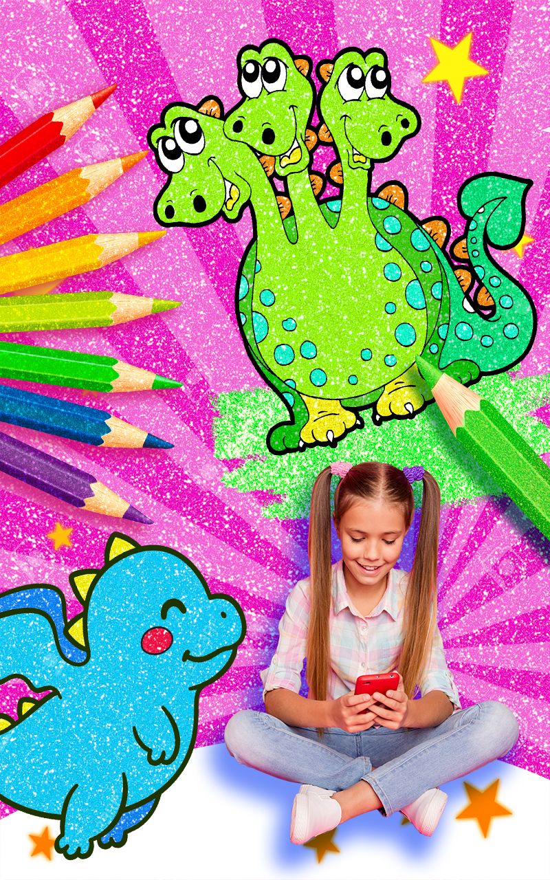 Rainbow Glitter Coloring Book Dragons - Fairytale & Fantasy Art Coloring Pages