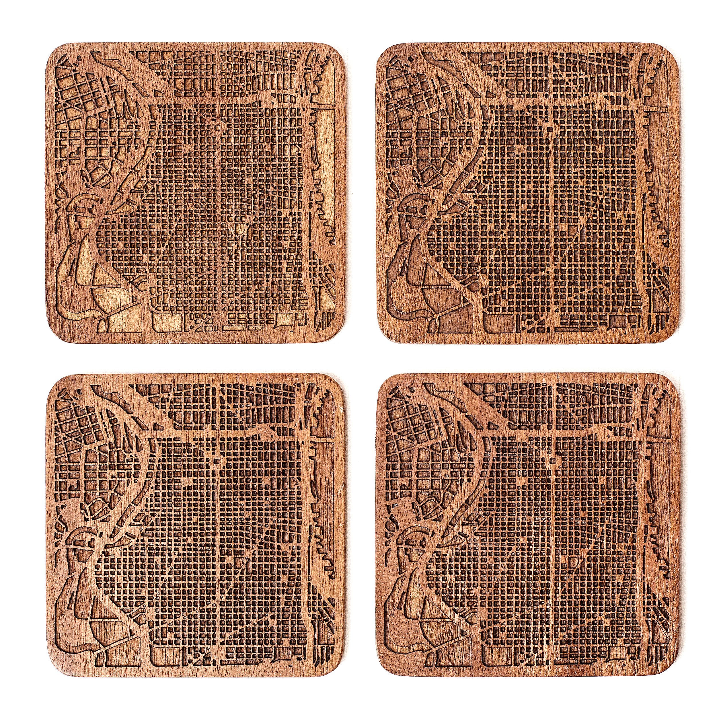Philadelphia Map Coaster, Set of 4, Sapele Wooden Coaster with City Map, Handmade