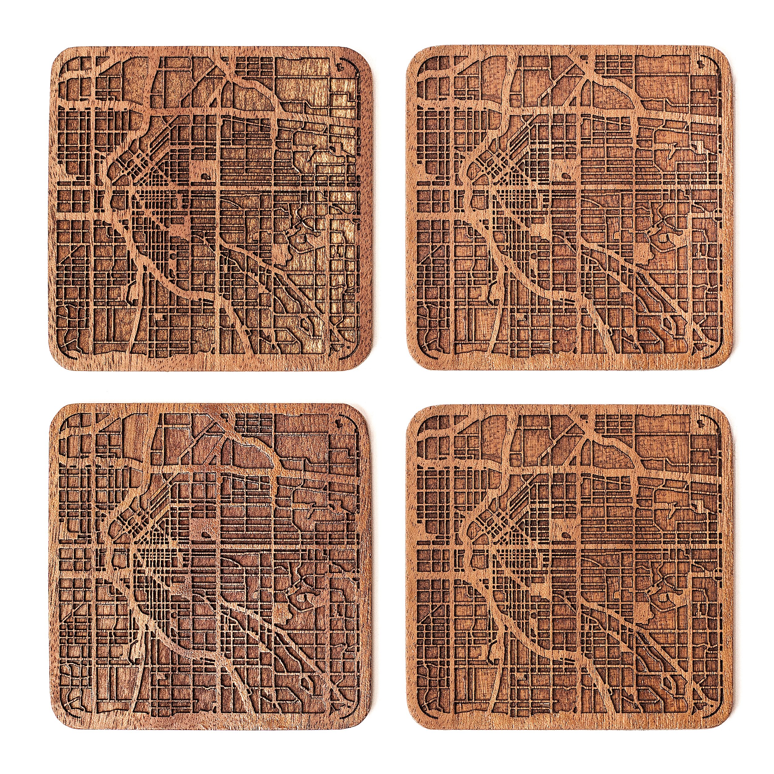 Denver Map Coaster, Set of 4, Sapele Wooden Coaster with City Map, Handmade