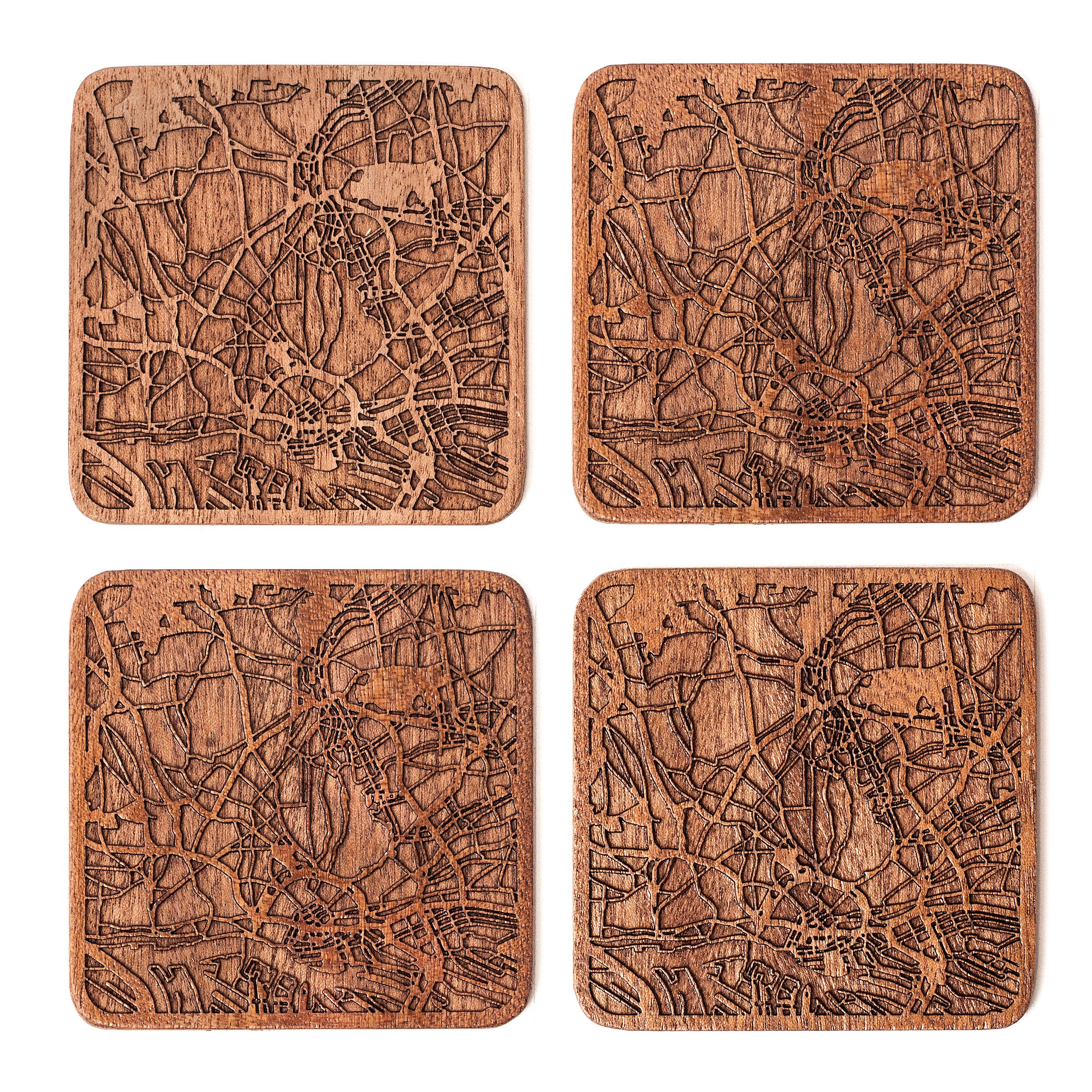 Hamburg Map Coaster, Set of 4, Sapele Wooden Coaster with City Map, Handmade