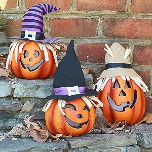 Prextex Set of three Happy Halloween Light Up Jacko Lantern Decorative Pumpkin Foam Halloween Props for Great Haunted House Halloween Decoration