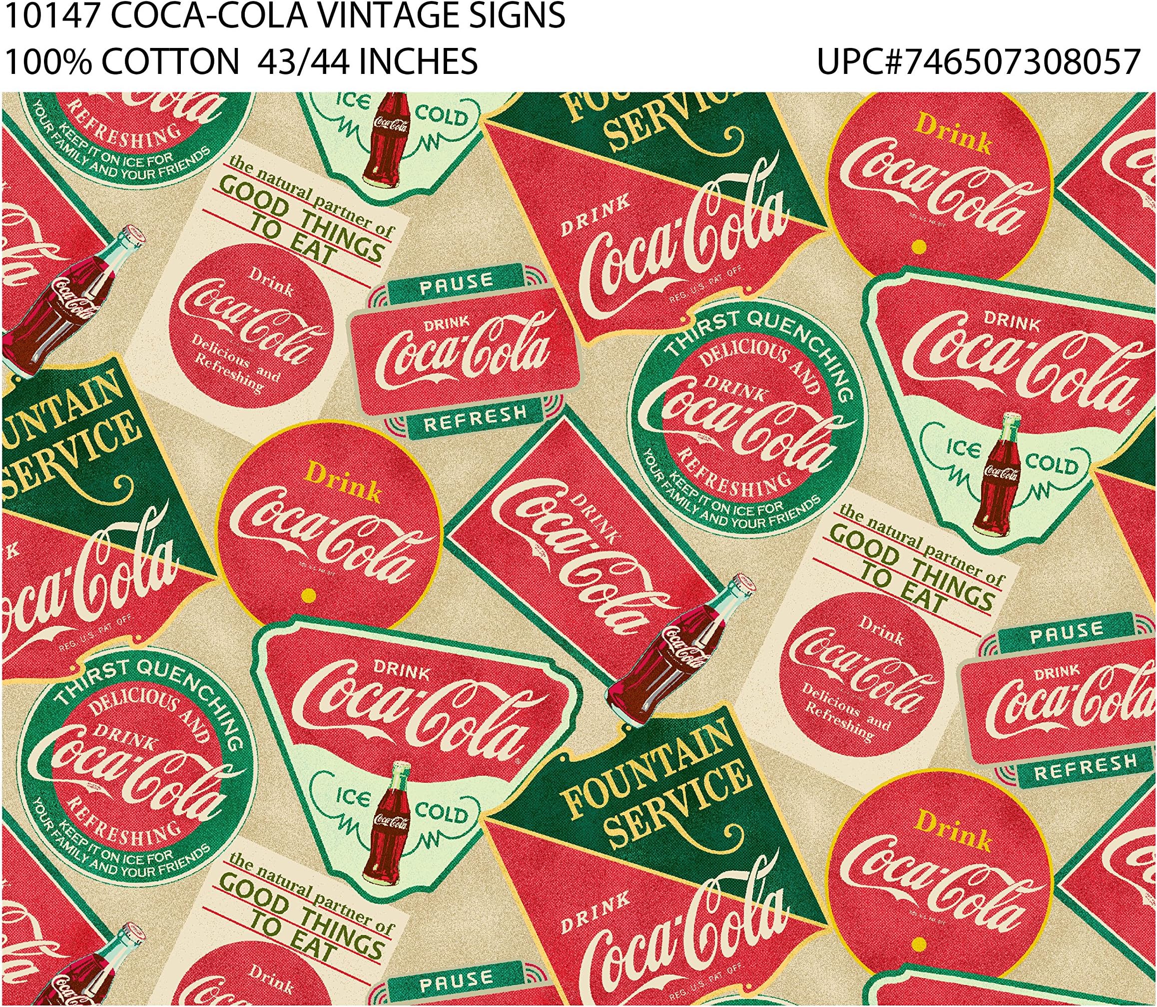 COCA COLA COUNTRY COTTON FABRIC WITH VINTAGE SIGNS-COCA COLA QUILTING FABRIC-COCA COLA COKE FABRIC
