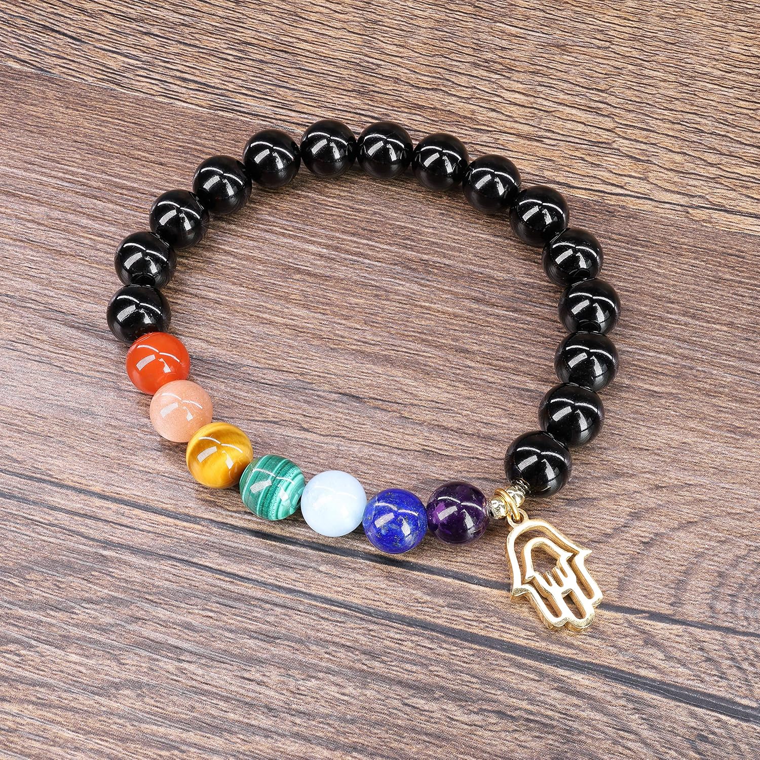 COAI Hamsa Hand Bracelet 7 Chakra Balancing Bracelet Black Tourmaline Bracelet for Women Men, 7 inches - Image 3