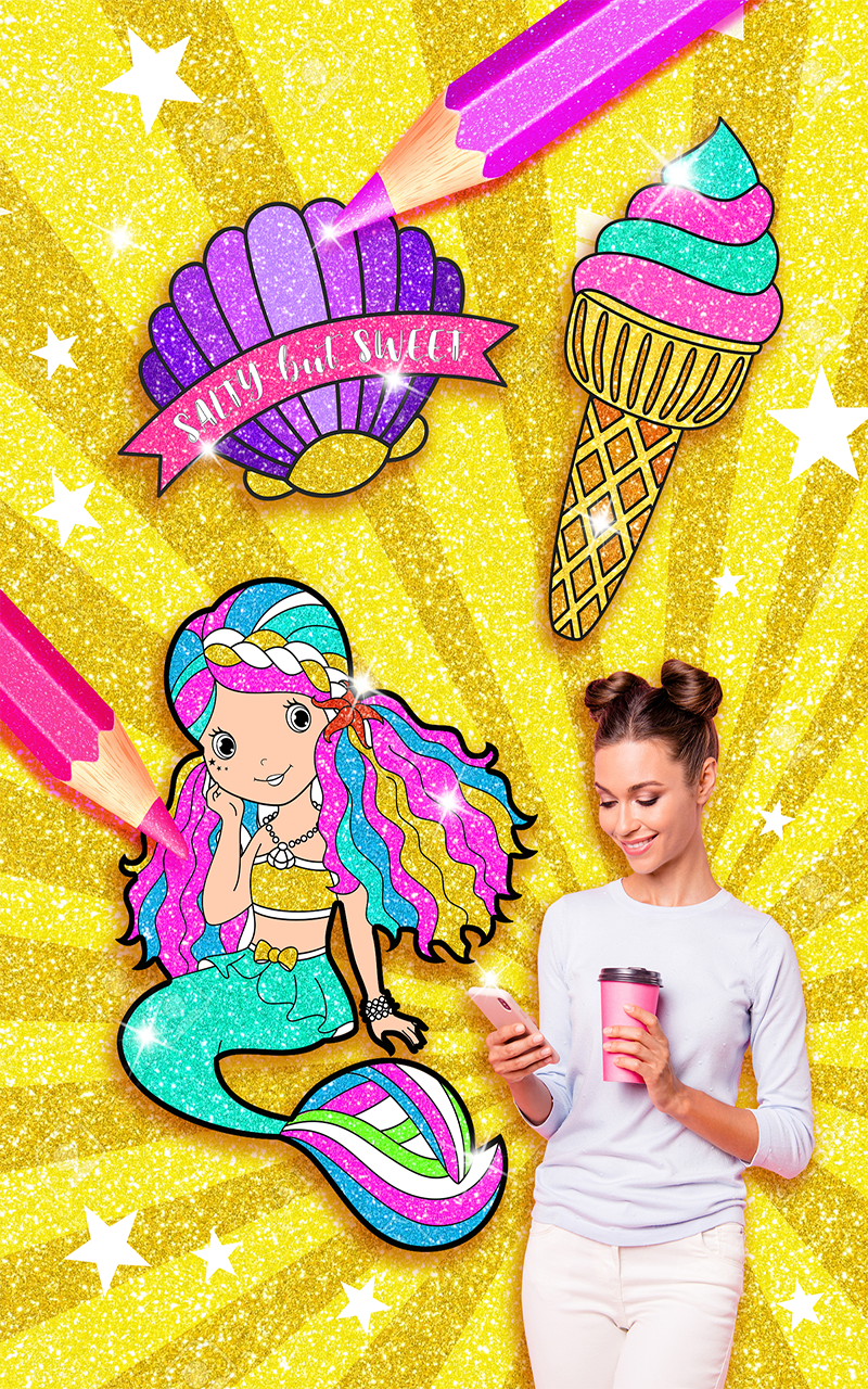 Rainbow Glitter Coloring Book Mermaids - Princess Mermaids Coloring Games for Kids
