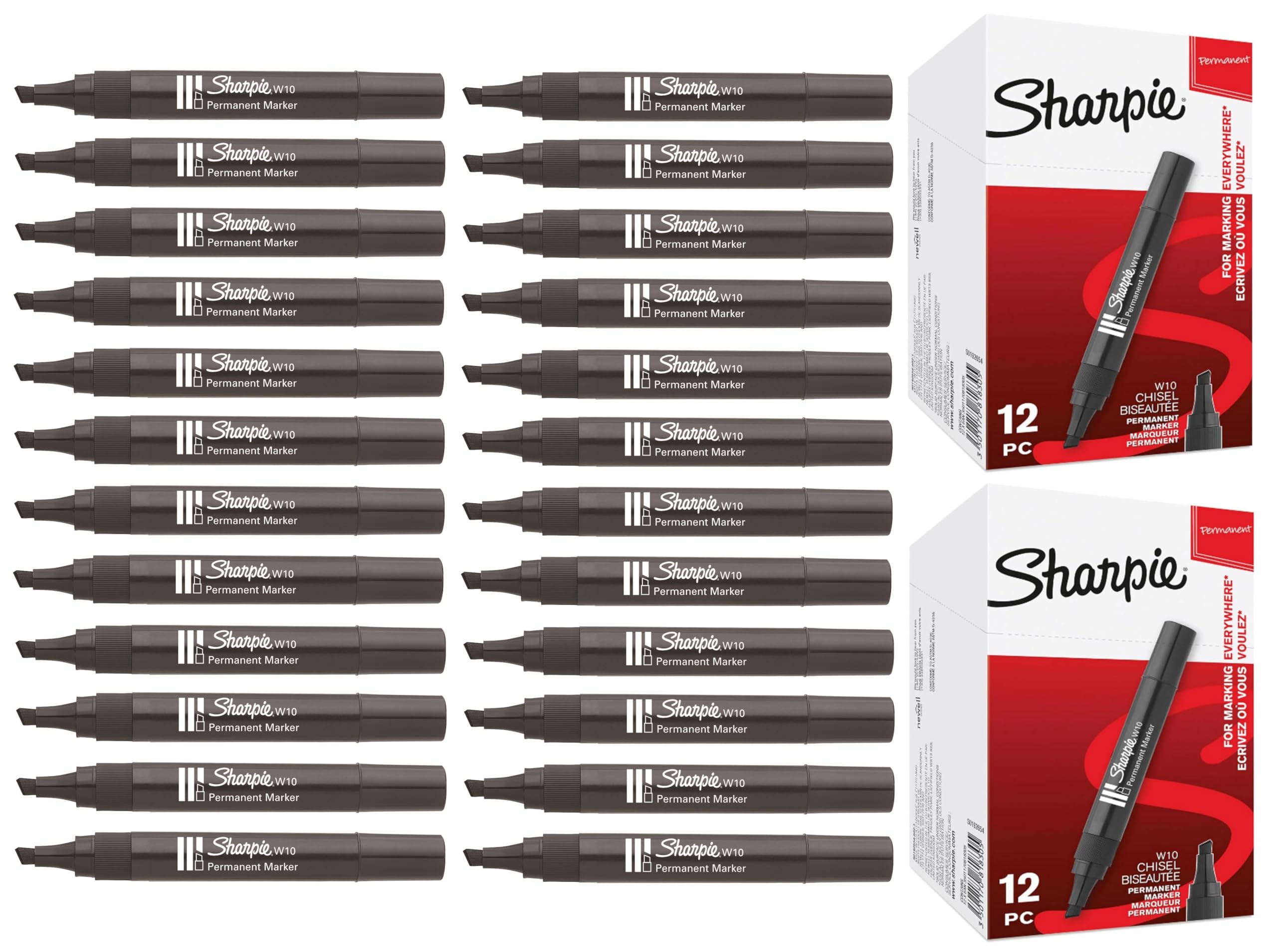 Sharpie W10 Permanent Markers - Chisel Wedge Tip - Black Ink - Pack of 24