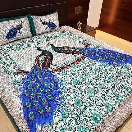 Jaipur Nagri Lucky Peacock Collection Cotton Bed Sheet Double with Pillow Cover King Size - Green Abstract