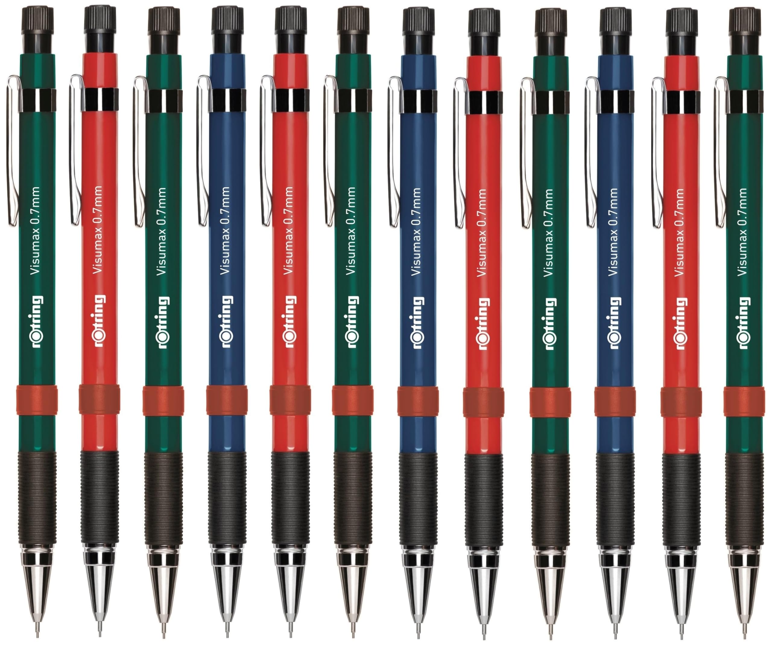 rOtring Visumax Mechanical Pencils - 0.7mm - Pack of 12 - Refillable - Twist Out Eraser - Rubber Grip - Assorted Barrel Colours