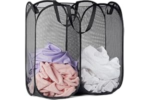 Handy Laundry Mesh Popup Hamper - Two Compartments, Collapsible for Storage and Easy to Open. Folding Pop-Up Clothes are Great for The Kids Room, College Dorm or Travel. (Black)
