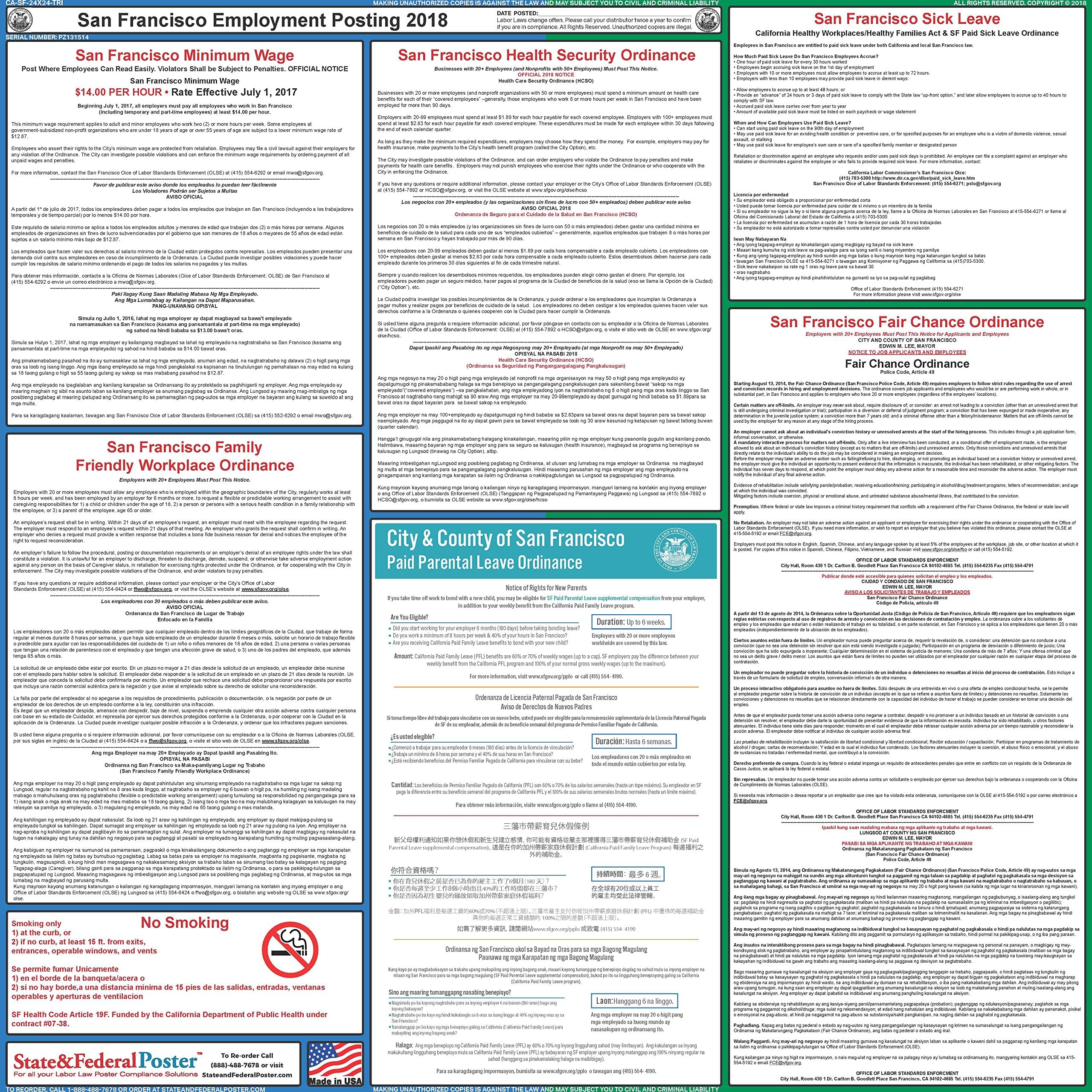 2018 San Francisco Labor Law Poster - Laminated 24" x 24"