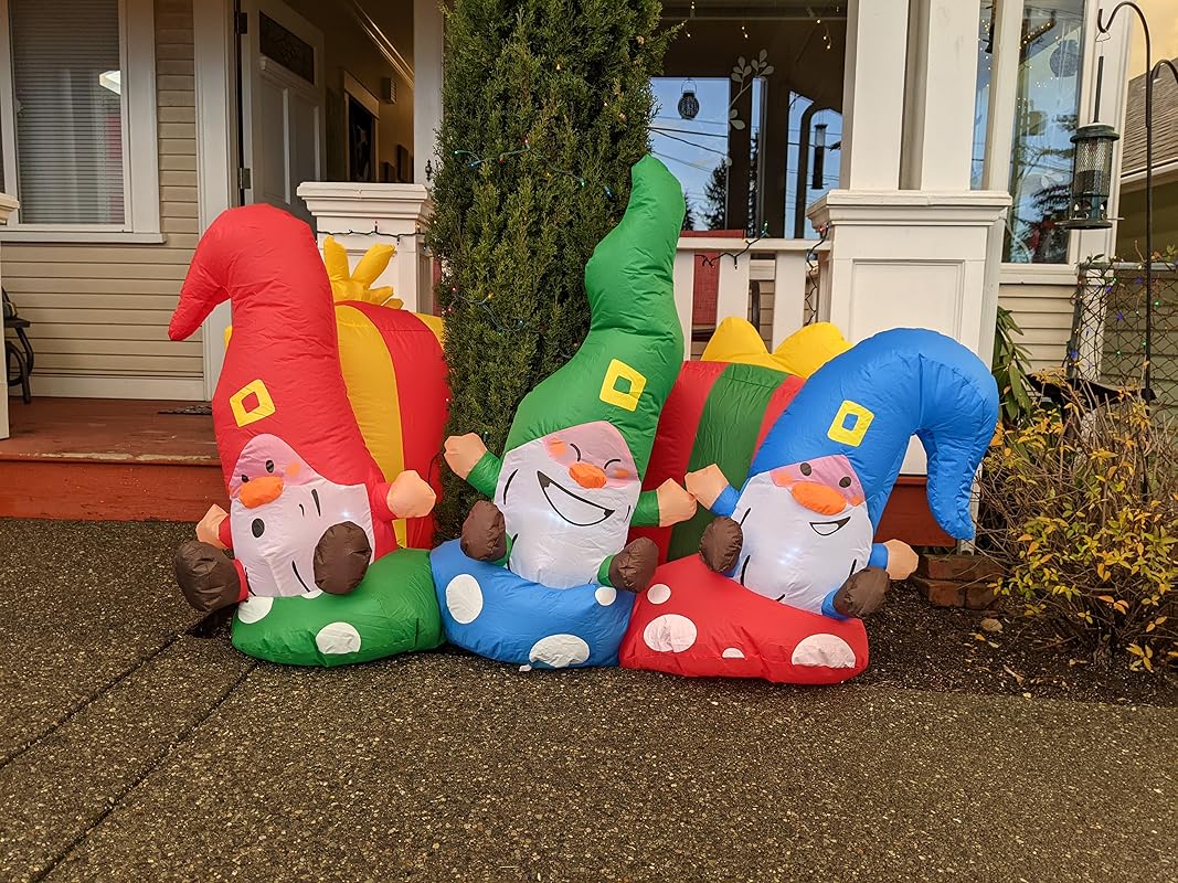 Cute 6ft Inflatable LED Three Happy Christmas Gnome