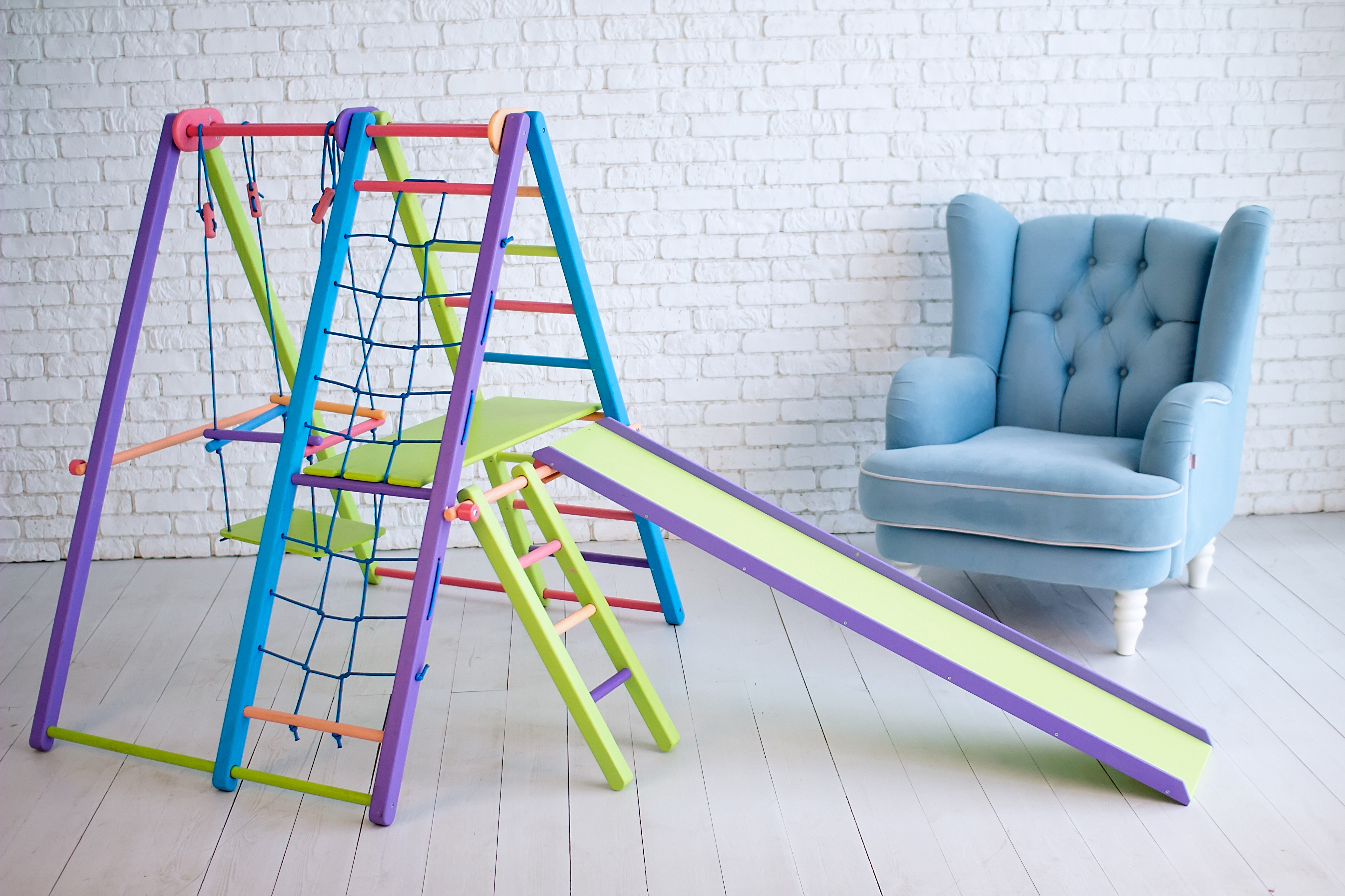 Panda Indoor Playground by EZPlay Sturdy Ash Wood Indoor Jungle Gym Sets Up & Stores Away in