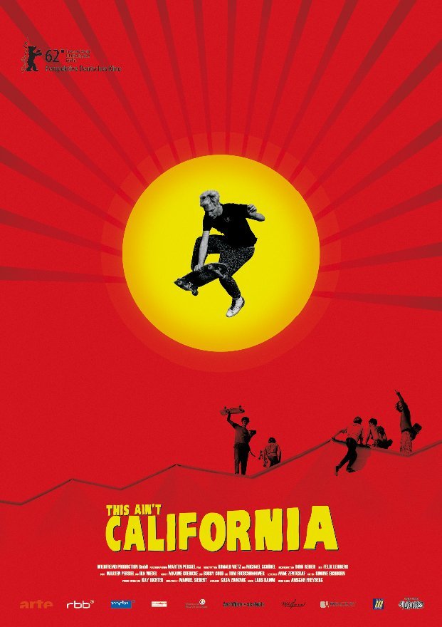 Poster for the film 'This Ain't California', depicts man performing arial trick over mountains.
