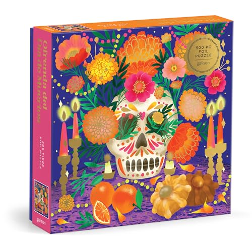 Galison Ofrenda Día de Muertos – 500 Piece Foil Jigsaw Puzzle Featuring Beautiful Artwork Of Day Of The Dead Alter With Colorful Candles And Flowers