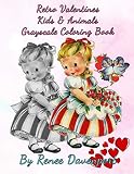 Retro Valentines Kids Animals Grayscale Coloring Book