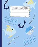 Composition Notebook Blue Yellow Fish Fishing Rod Wide Ruled Paper Notebook Blank Lined Exercie Book Workbook For Kids Teens Students Girl Teachers To School Home College