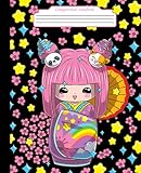 Composition Notebook Cute Kawaii Japanese Kokeshi Doll In Kimono With Cat And Panda Ruled Lined Notebook For Girls Pretty Paper Notebook For Writing Notes School Or College