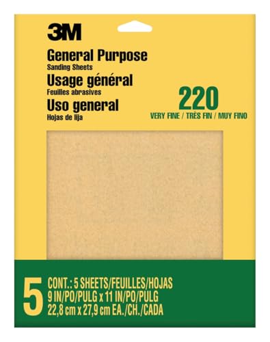 3M Sandpaper, 220 Grit, 5 Sheets, 9 in x 11 in, Sands Paint, Wood & Metal, Great For General Purpose Sanding, Very Fine Aluminum Oxide Sand Paper (9000NA-20)